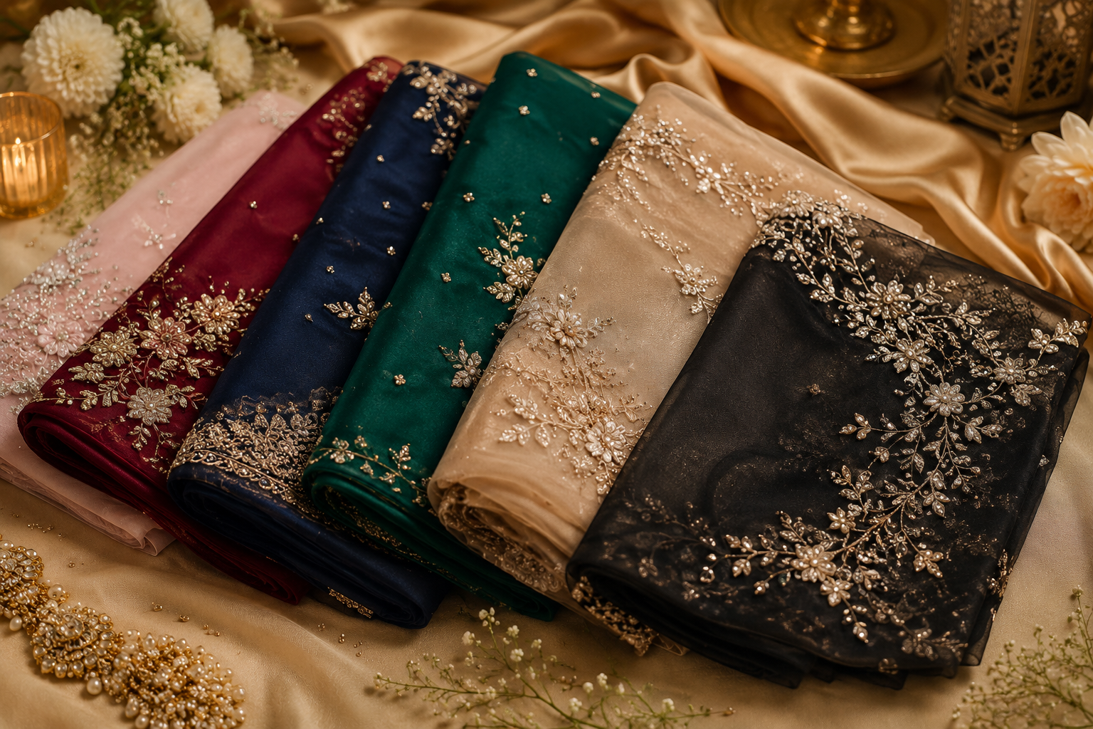 Luxury embroidered party wear sarees in black, champagne, emerald green, navy blue, and wine arranged for wedding receptions, Eid, and festive celebrations in Bangladesh
