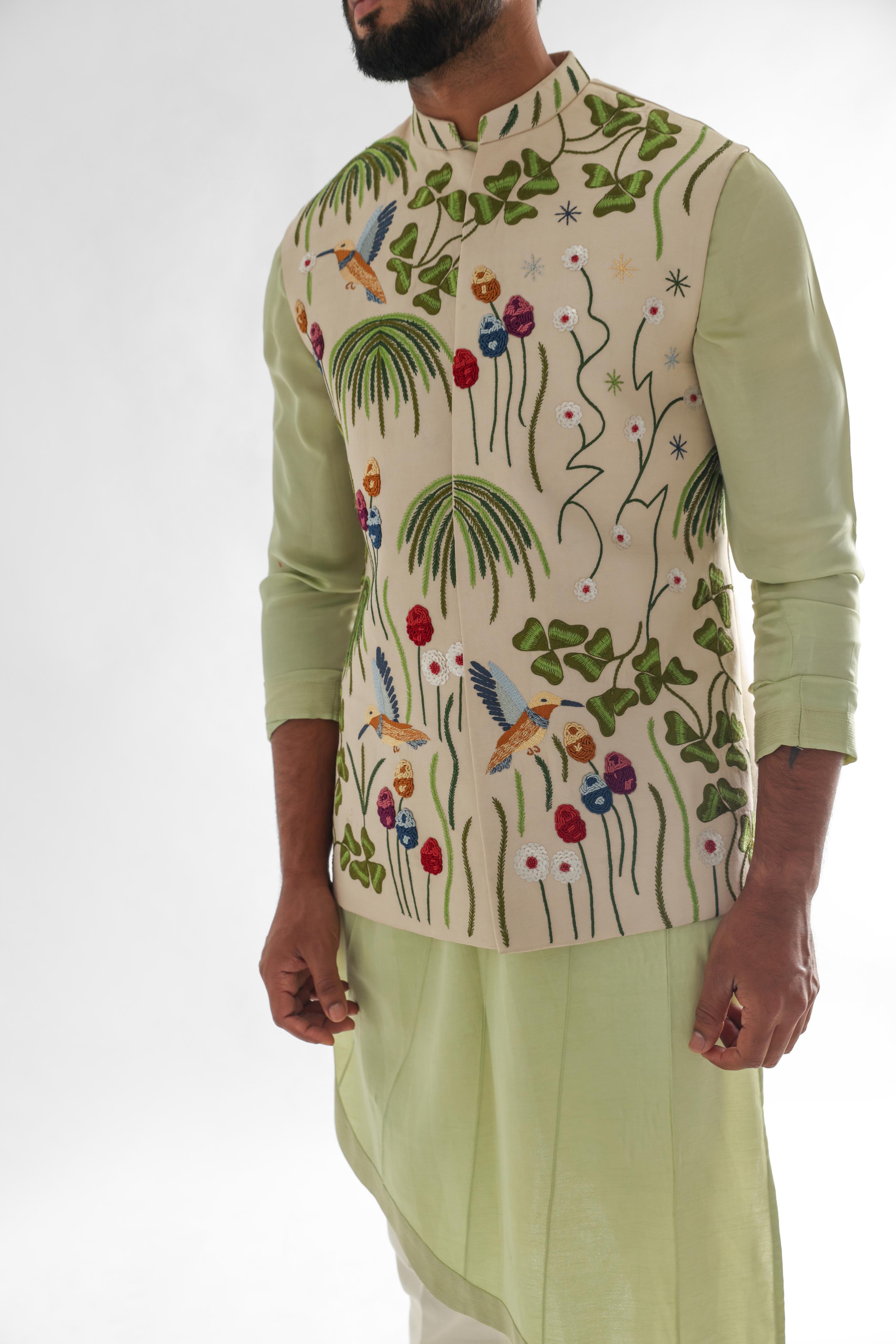 Woodpecker Cream Nehru Jacket Embroidered SET