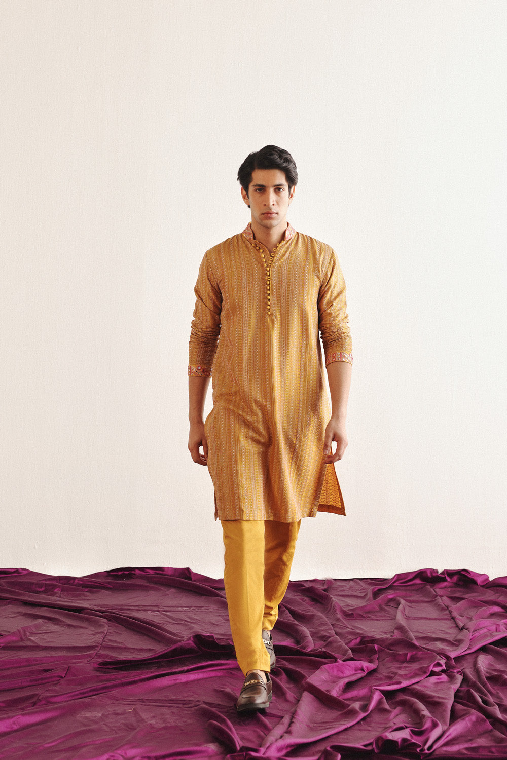 GOLDEN YELLOW KANTHA WORK KURTA WITH MIRRORWORK