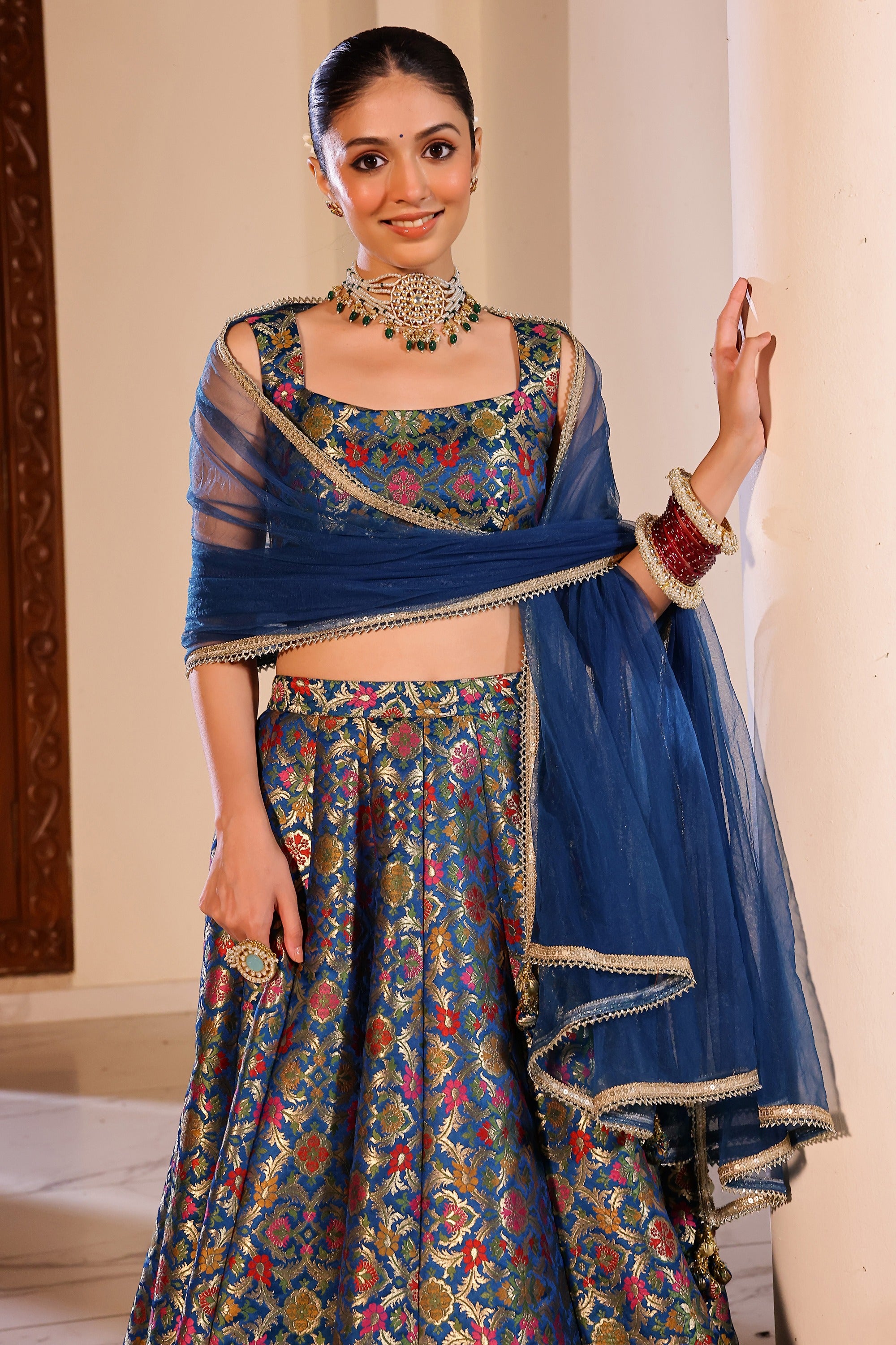 Kimkhab Blue Lehenga Set