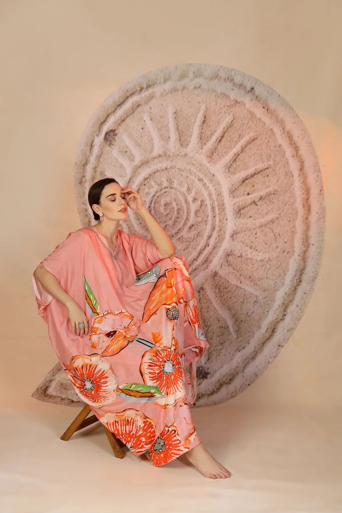 Pastel Pink Floral Muslin Silk Kaftan Set with Metal Beadwork