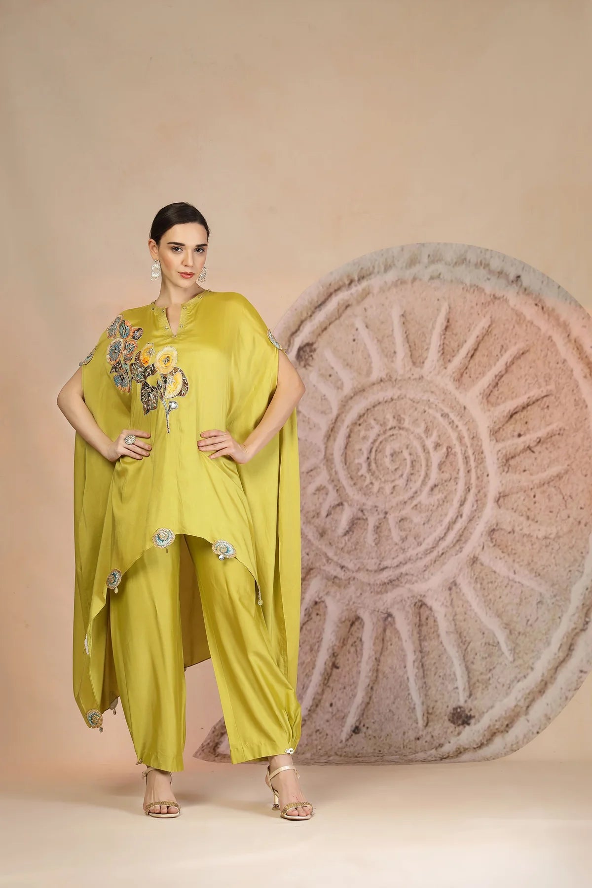 Lime Yellow Asymmetric Kurta with Farshi Salwar & Embroidery Detail