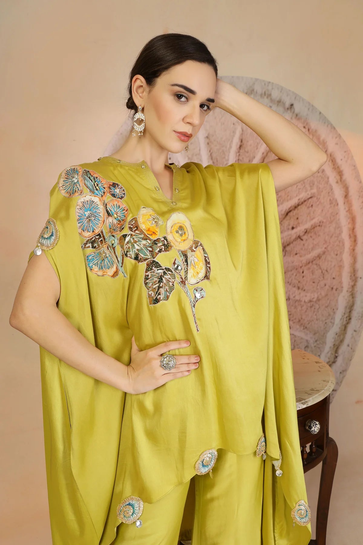 Lime Yellow Asymmetric Kurta with Farshi Salwar & Embroidery Detail