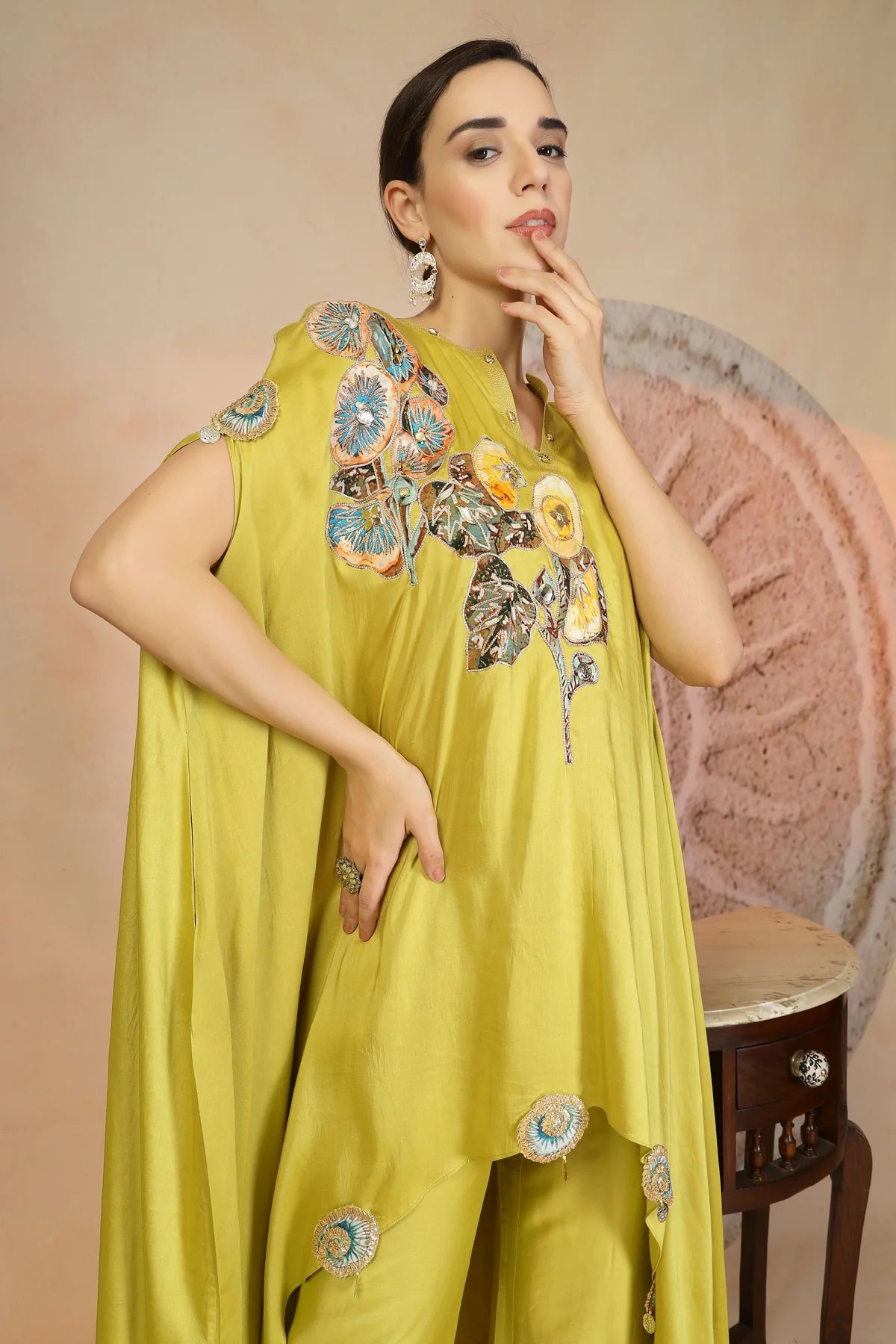 Lime Yellow Asymmetric Kurta with Farshi Salwar & Embroidery Detail