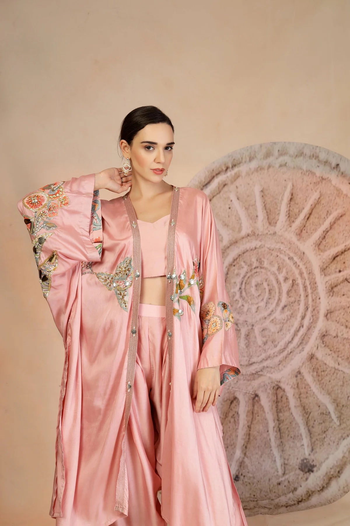 Powder Pink Structured Bustier Set with Embroidered Cape & Farshi Pants