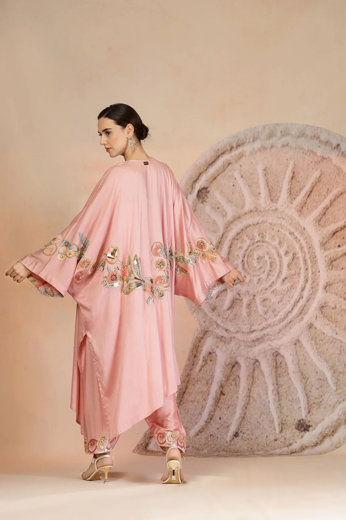 Powder Pink Structured Bustier Set with Embroidered Cape & Farshi Pants