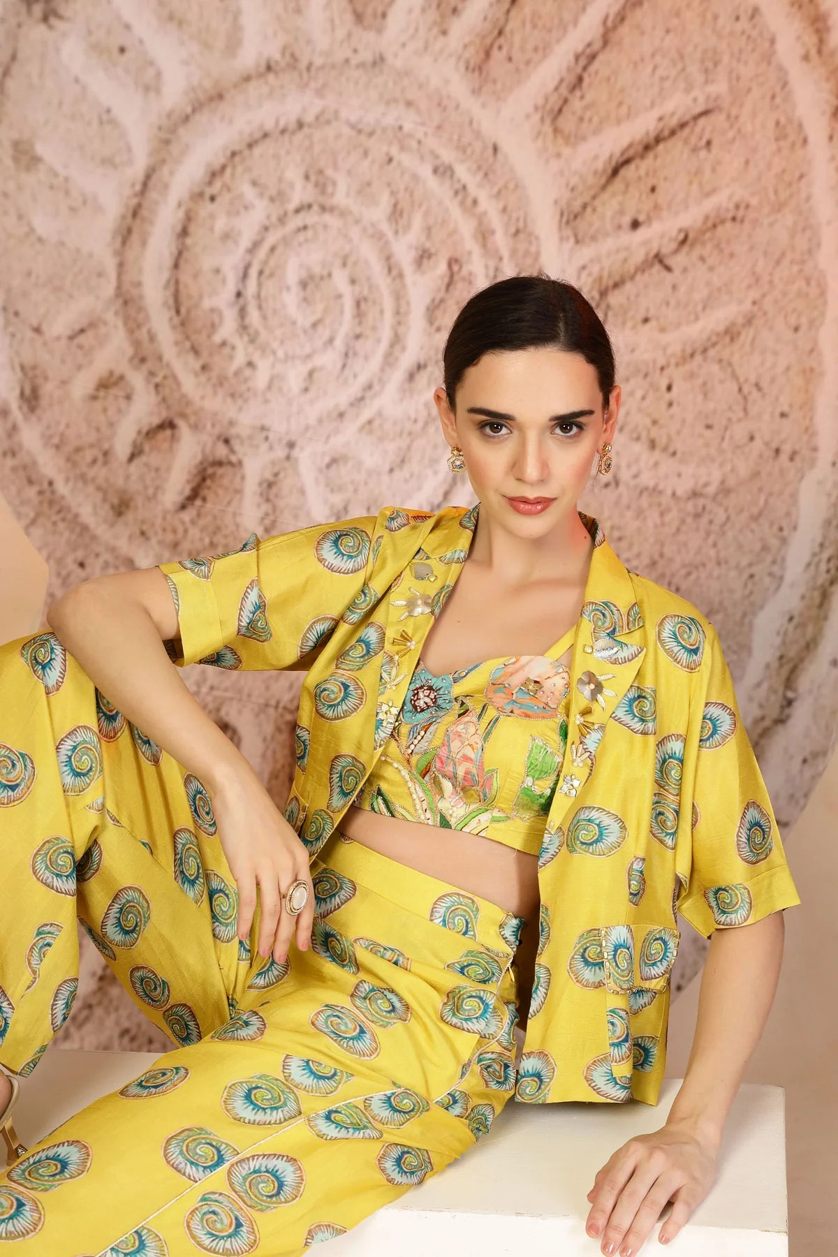 Vibrant Yellow 3-Piece Muslin Co-ord with Coral Print & Pearl Beadwork