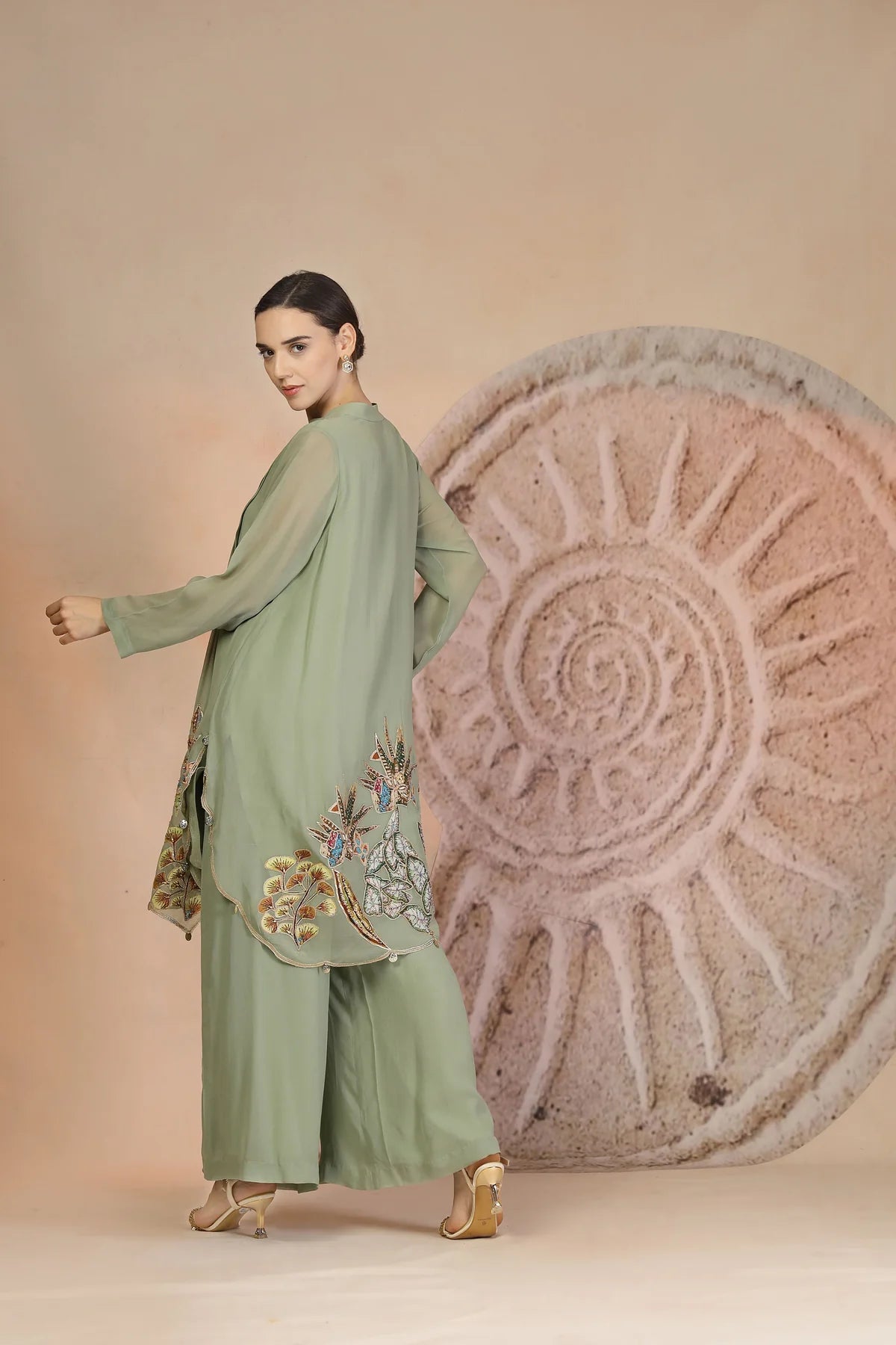Embroidered Pista Green Indo-Western Set with Palazzo Pants
