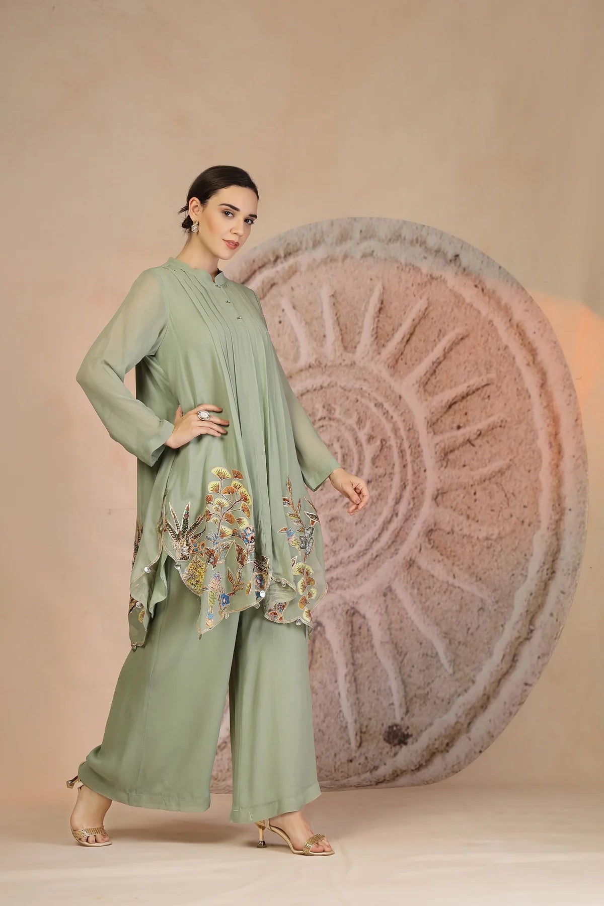 Embroidered Pista Green Indo-Western Set with Palazzo Pants