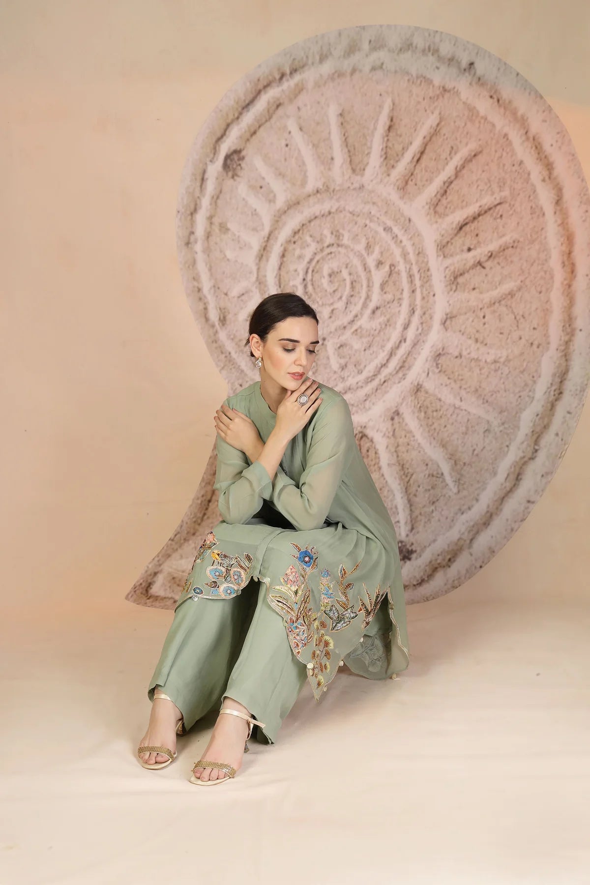 Embroidered Pista Green Indo-Western Set with Palazzo Pants