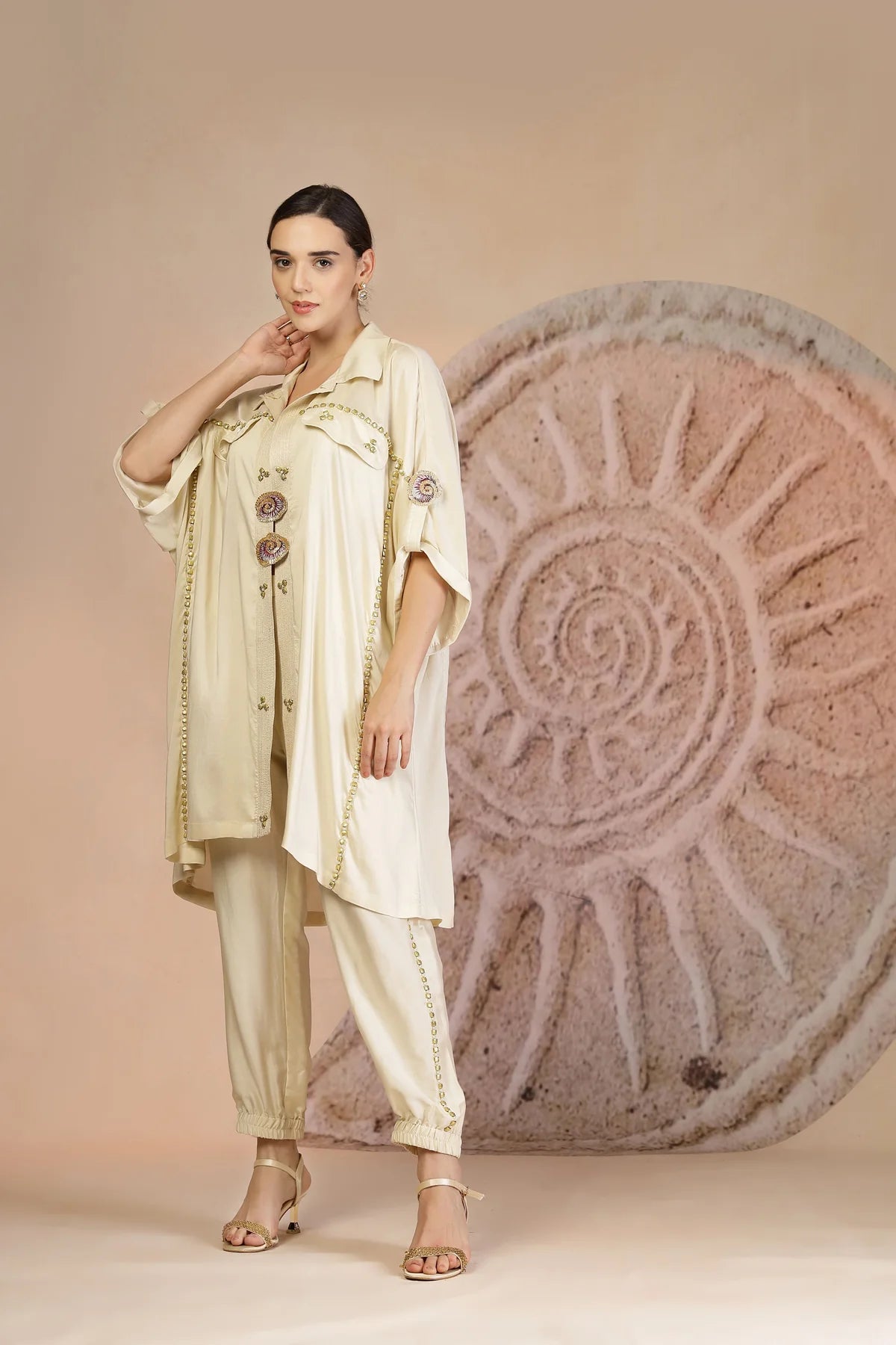 Ivory Muslin Co-ord Set with Shrug and Bead Embellishments