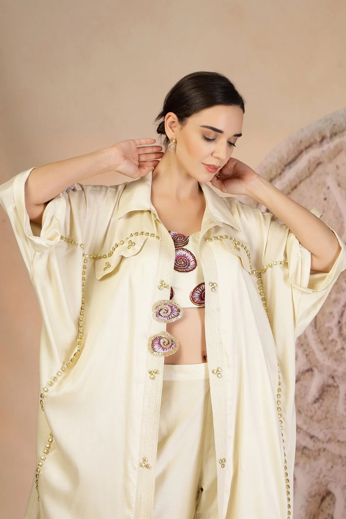 Ivory Muslin Co-ord Set with Shrug and Bead Embellishments