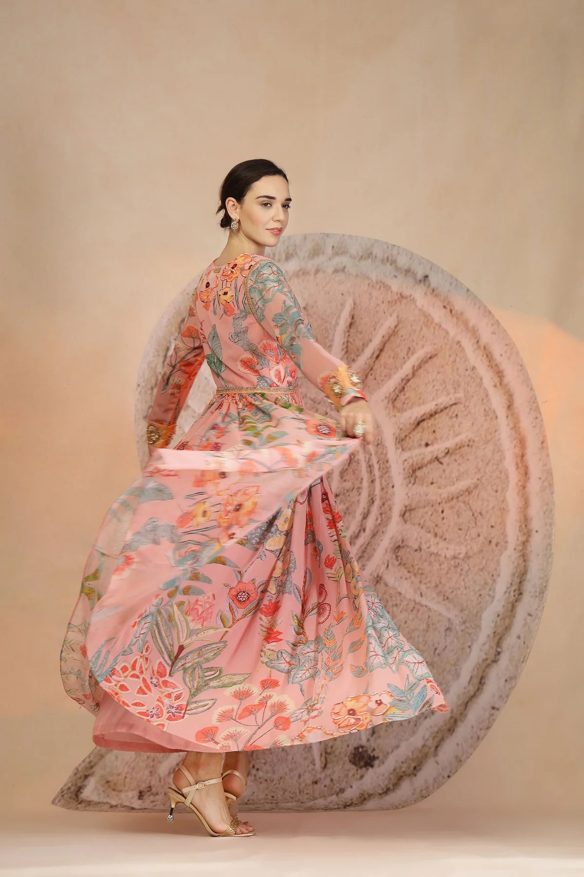 Pastel Pink Anarkali Kurta Set with Coral Print Pants & Embroidery
