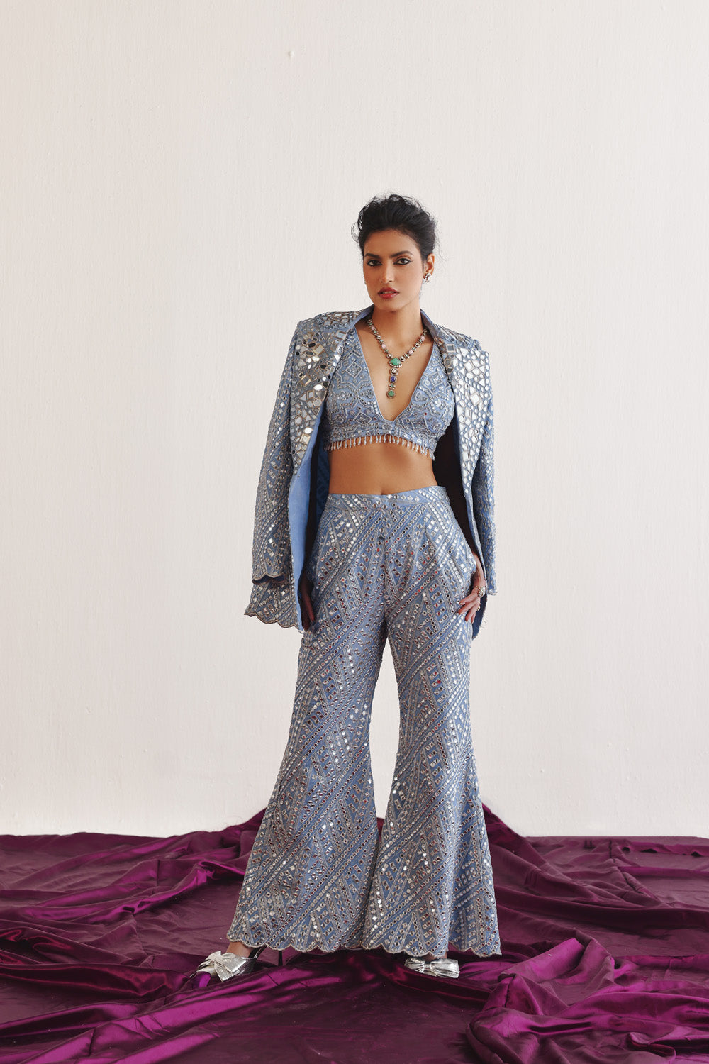 hexagon v neck sky blue blouse