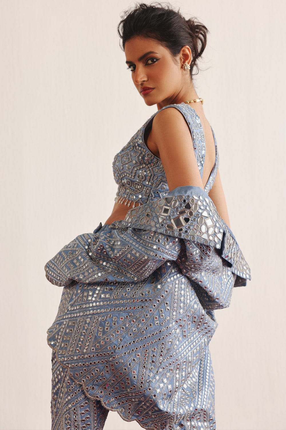 hexagon v neck sky blue blouse