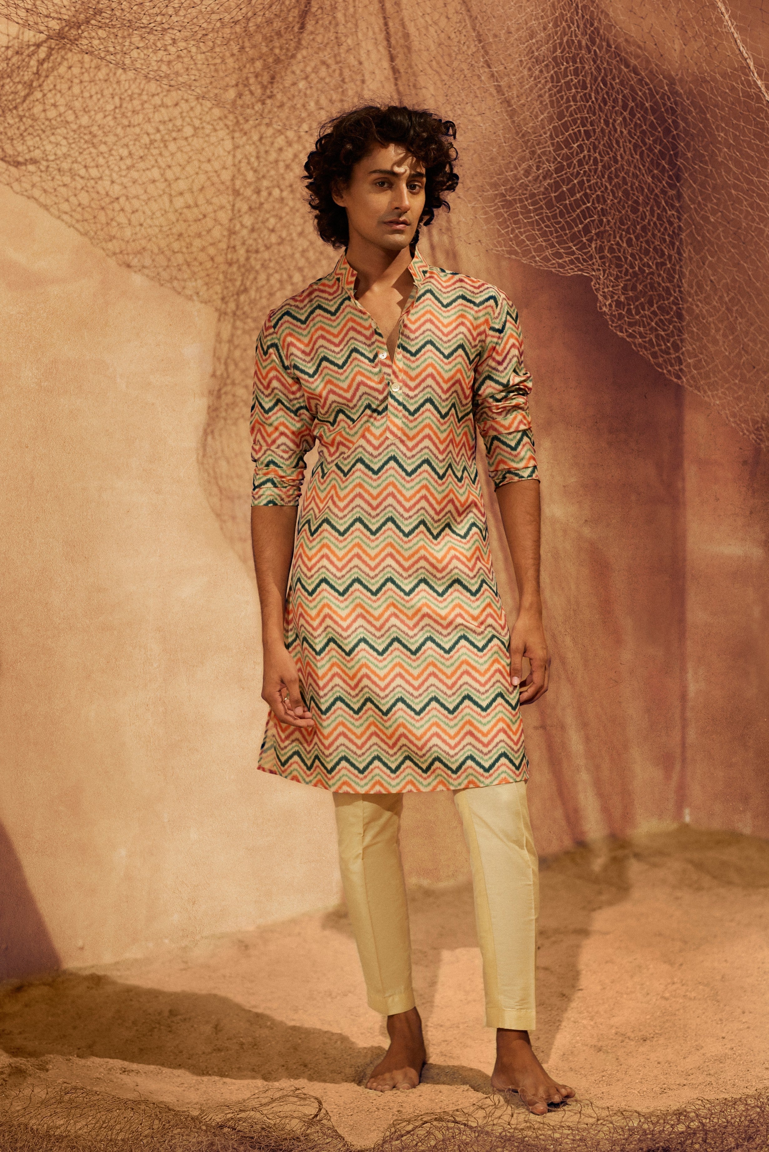 Spring Day - Printed Silk kurta with beige plain pants