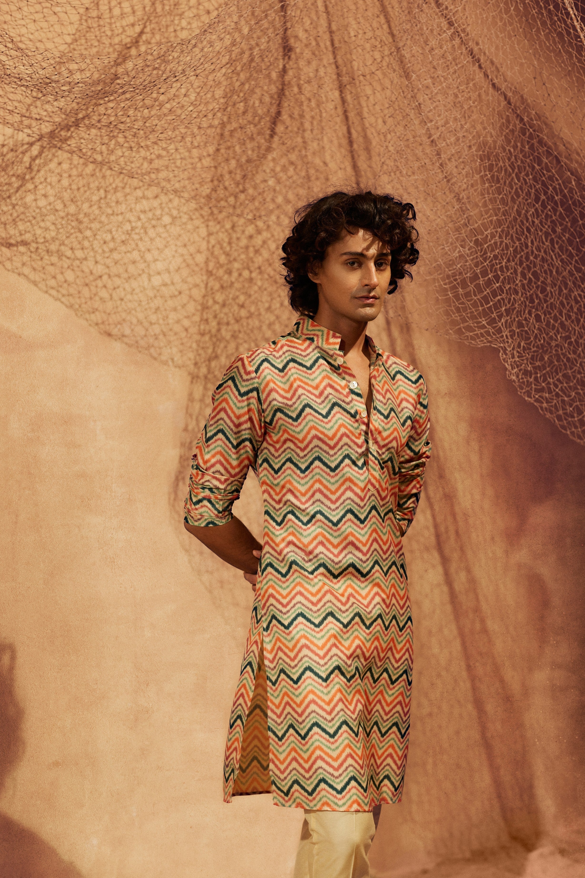 Spring Day - Printed Silk kurta with beige plain pants