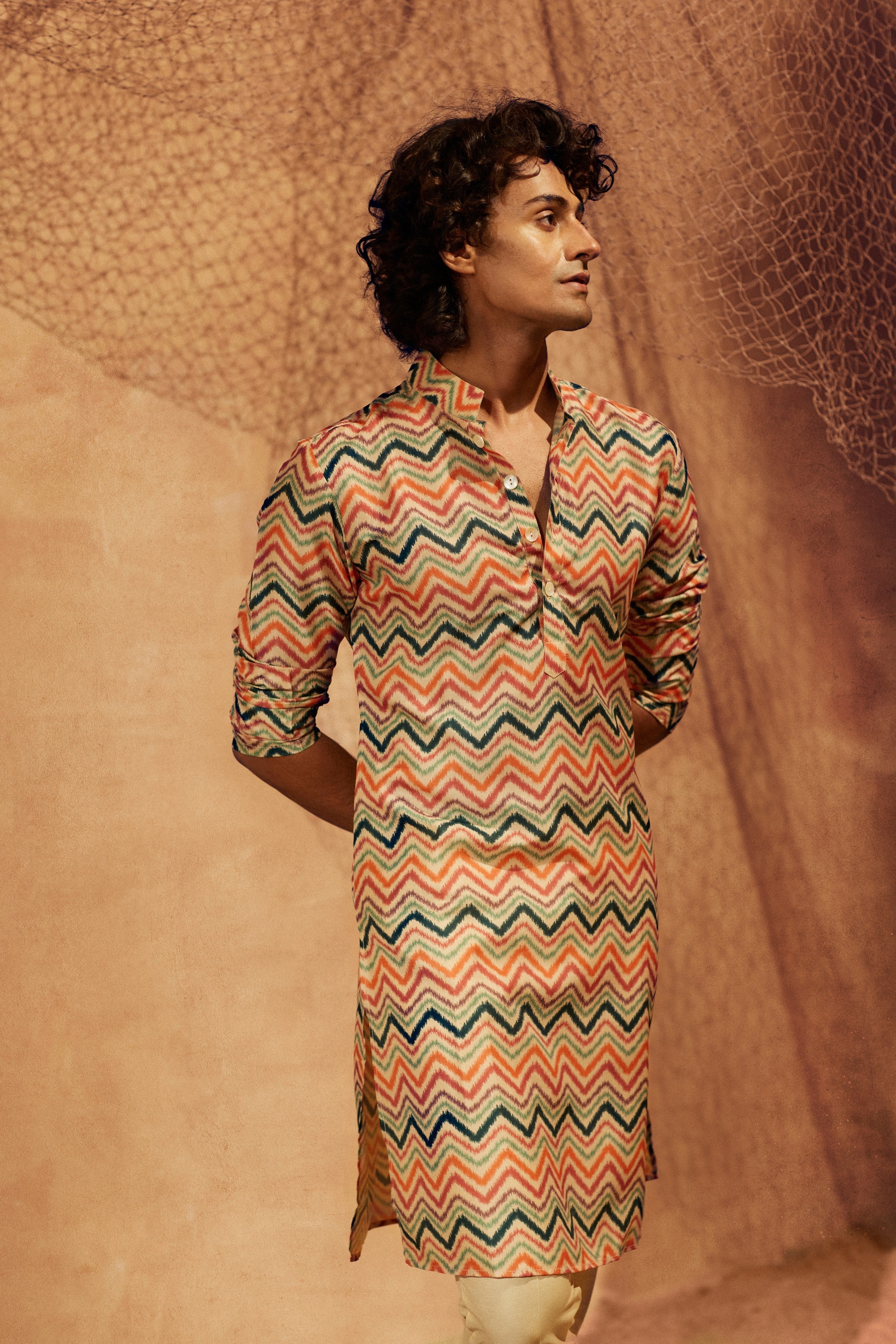 Spring Day - Printed Silk kurta with beige plain pants