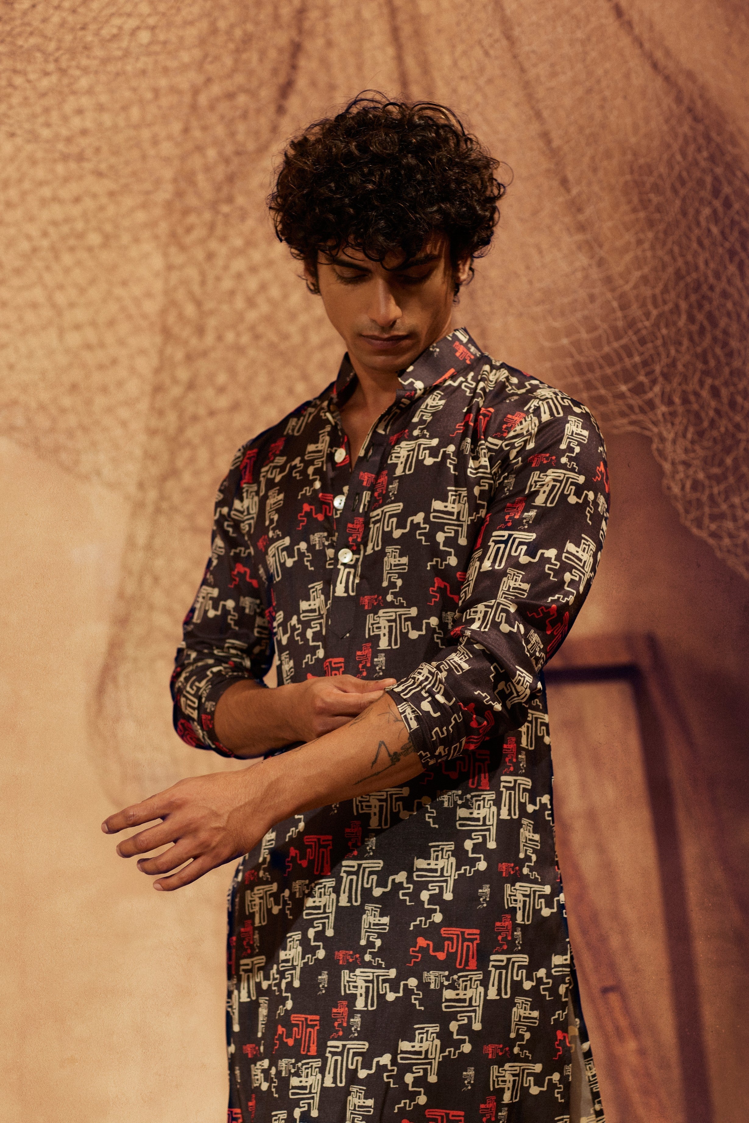 Black Night - Printed silk kurta with black plain pants