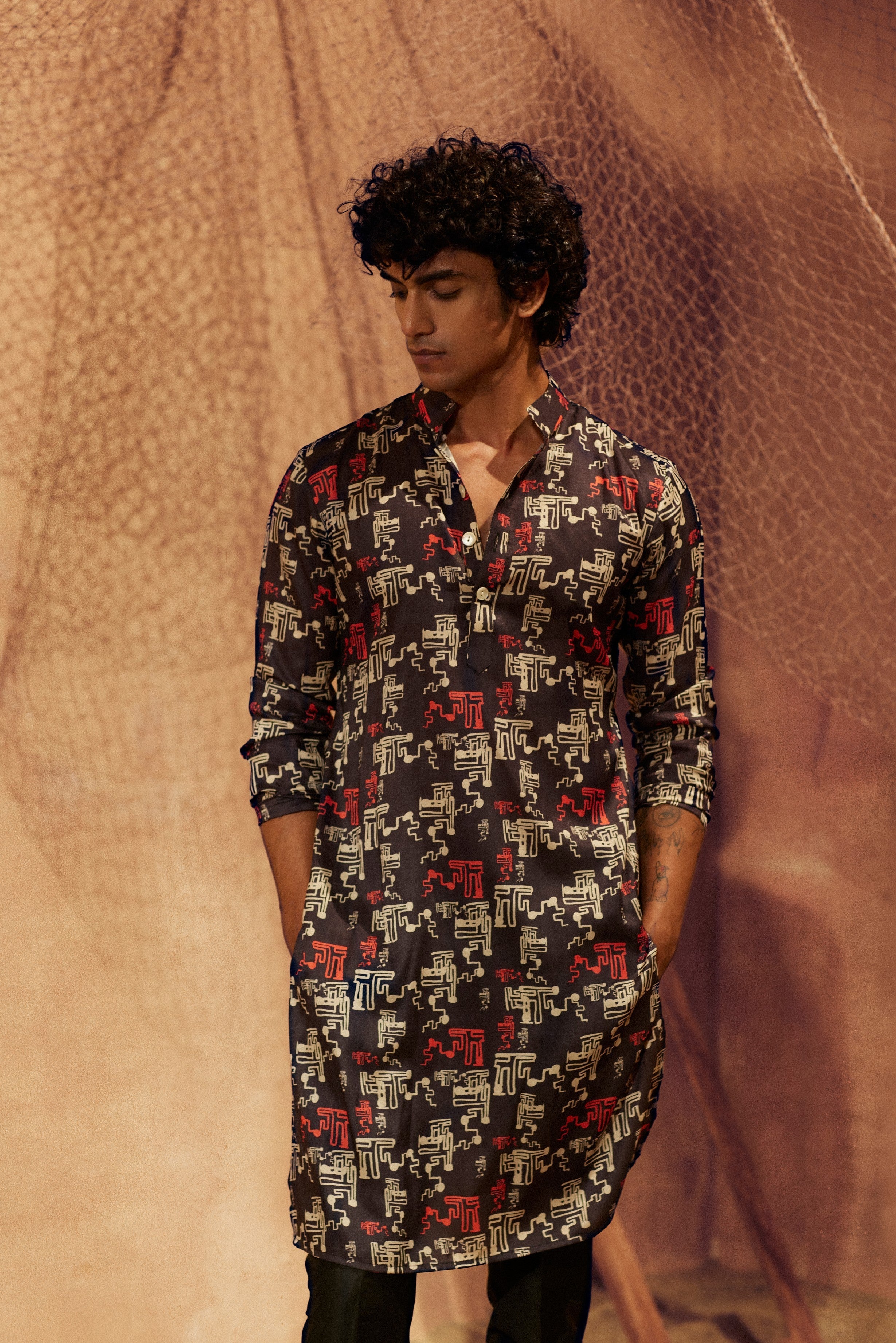 Black Night - Printed silk kurta with black plain pants