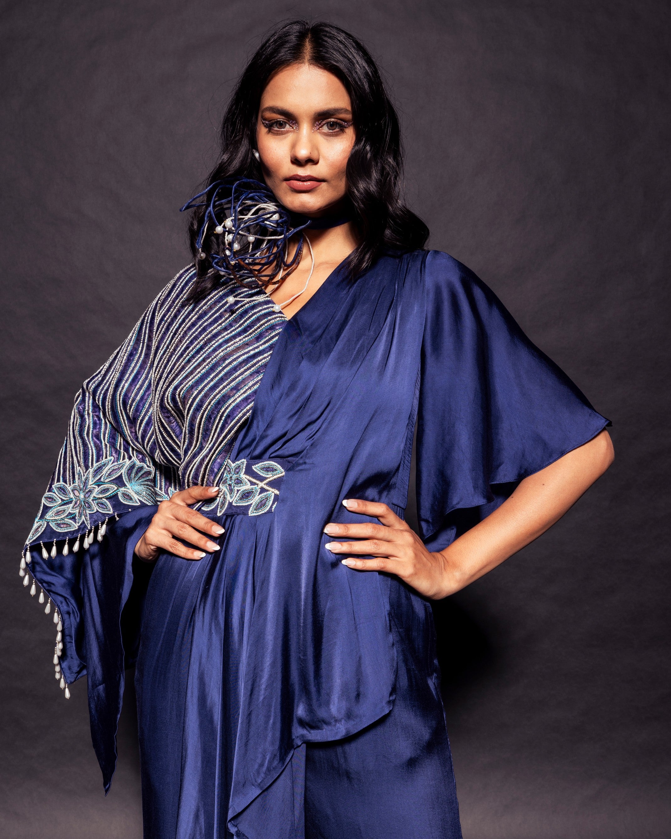 Deep blue Fully embroidered single flap jumpsuit