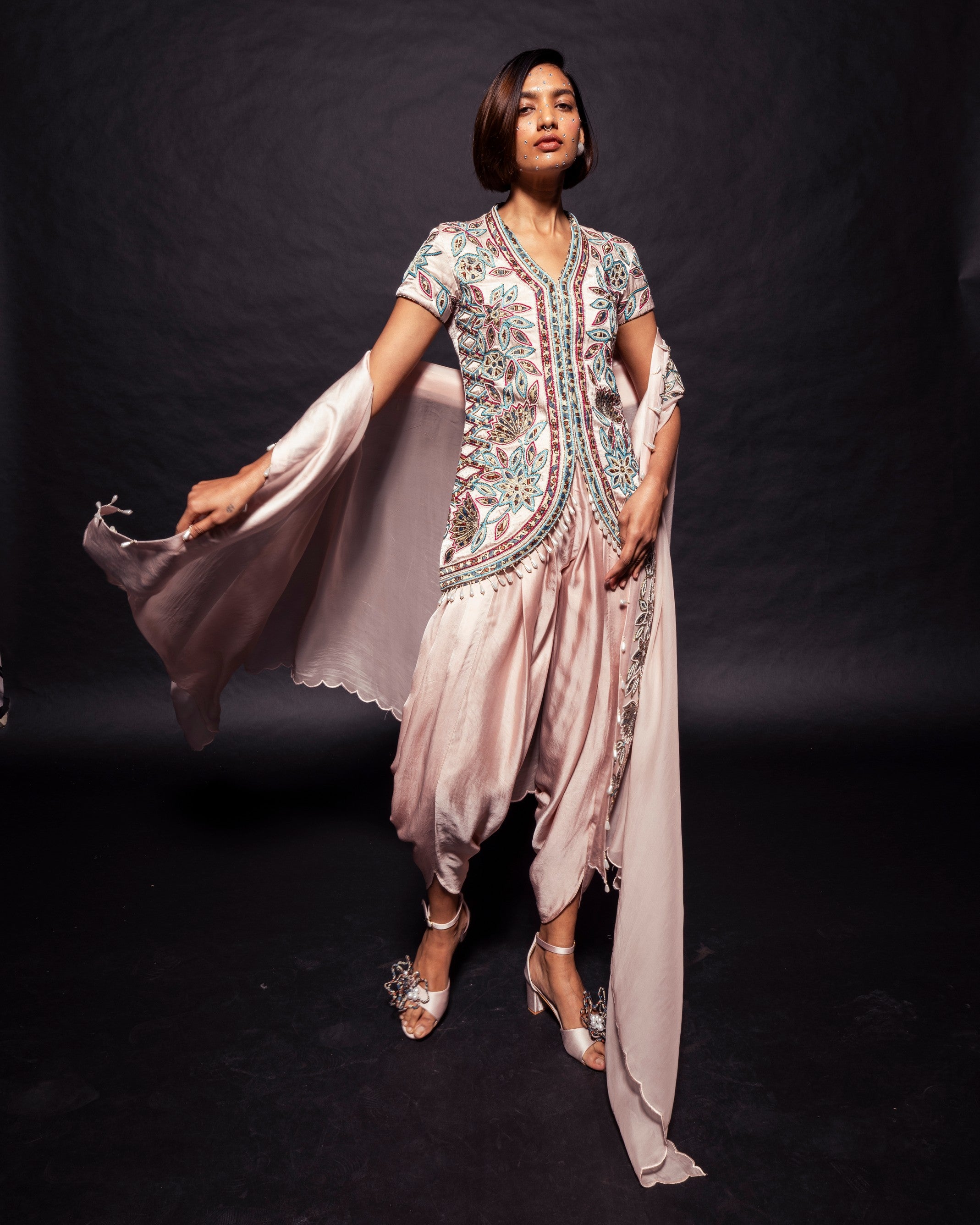 Peachy Pink ajrakh embellished jacket with cape dupatta and dhoti