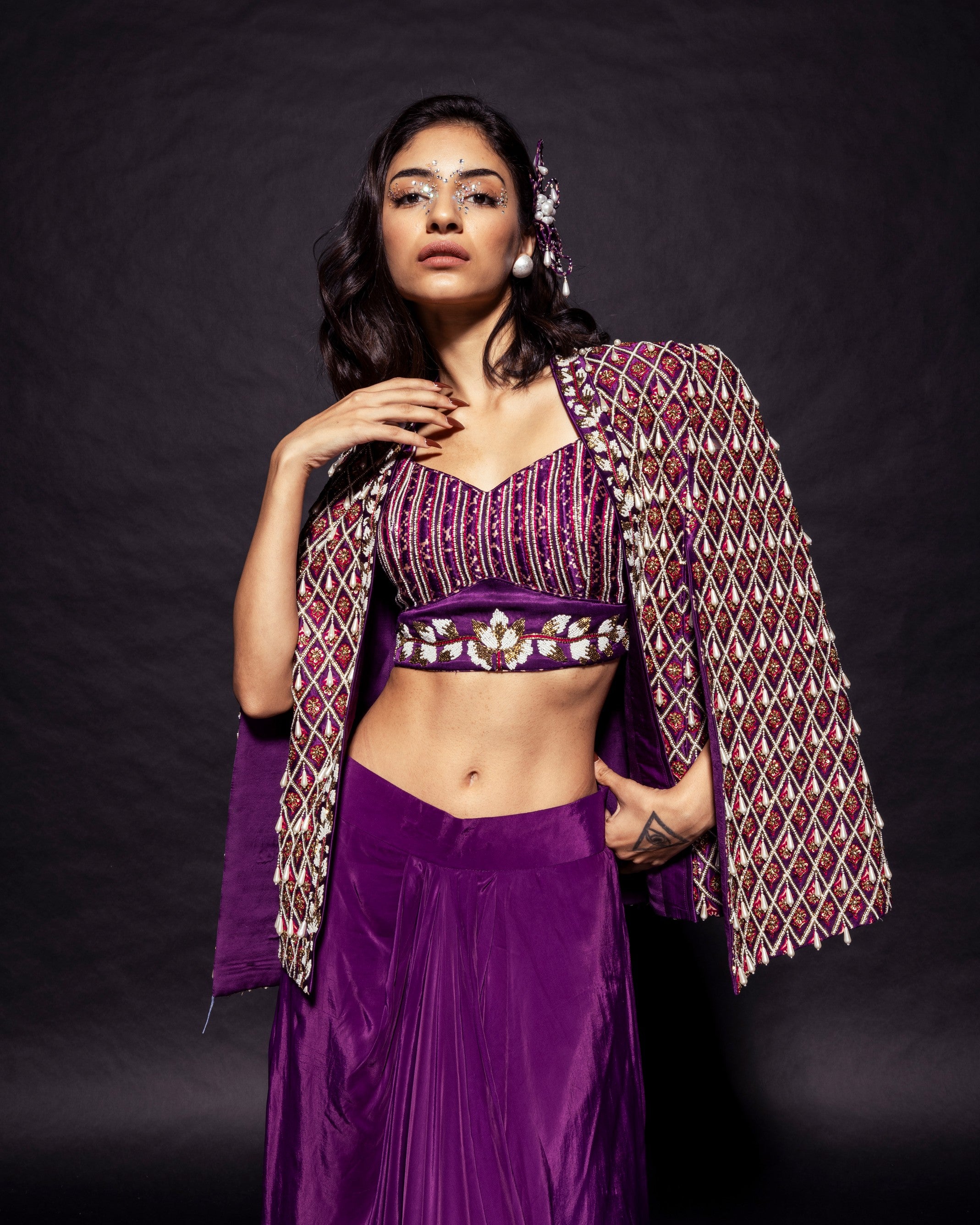 Dark purple Fully embroidered ajrakh cape jacket with heavily embellished blouse and drape skirt