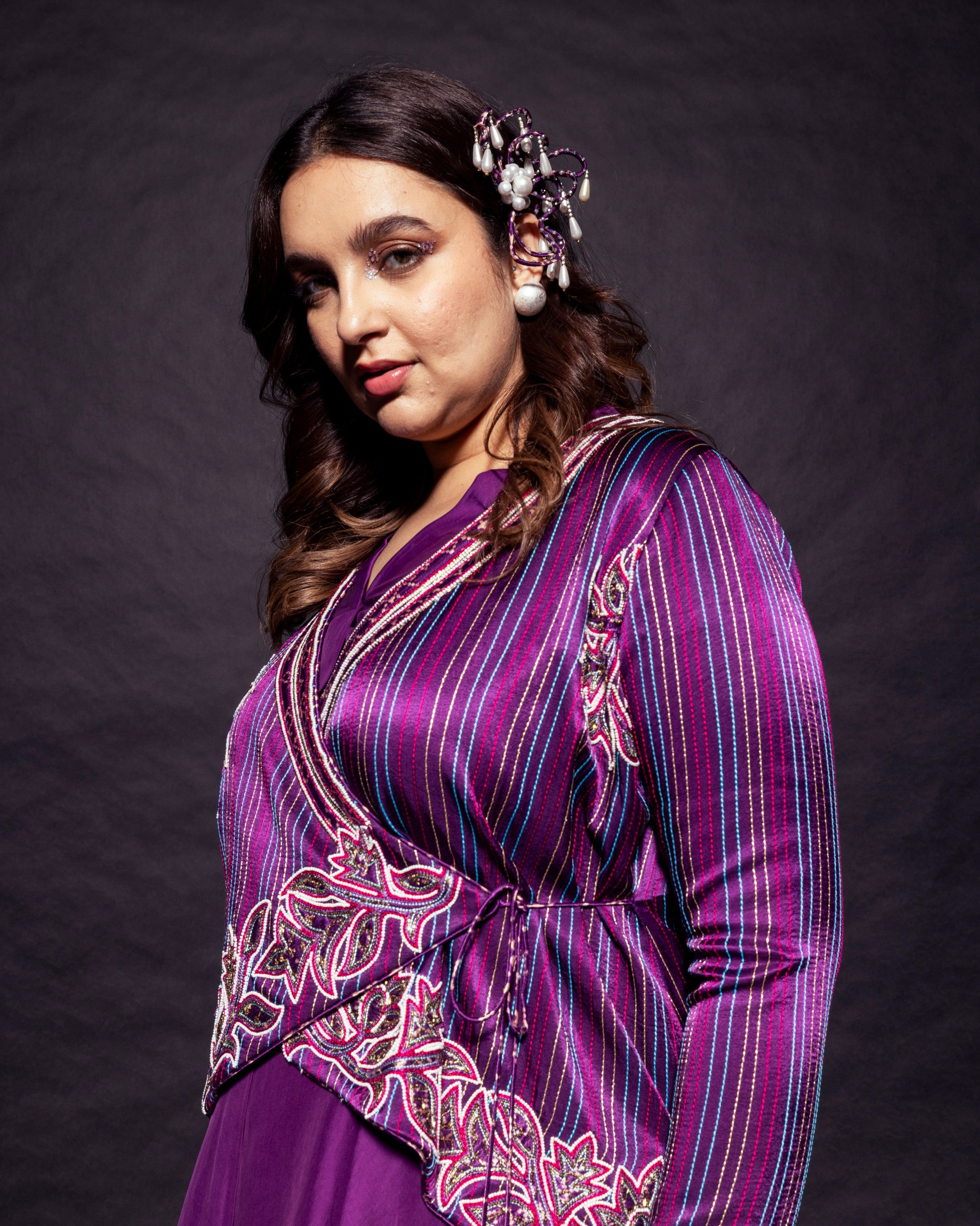 Dark Purple embroidered  angarkha  jacket with drape dhoti skirt