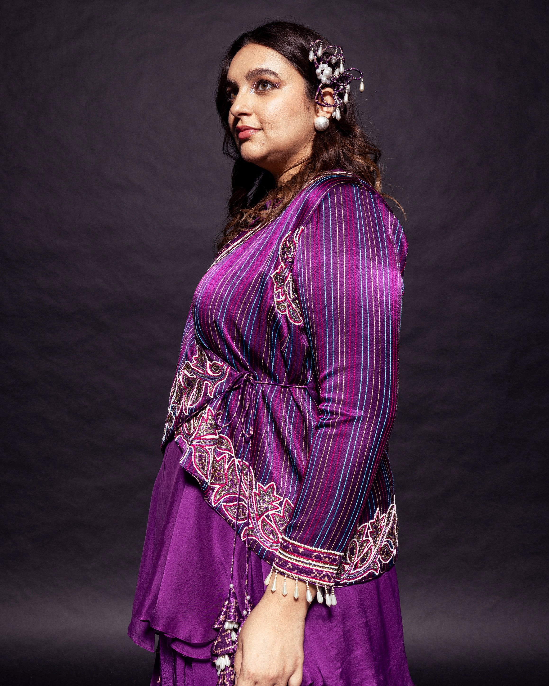 Dark Purple embroidered  angarkha  jacket with drape dhoti skirt