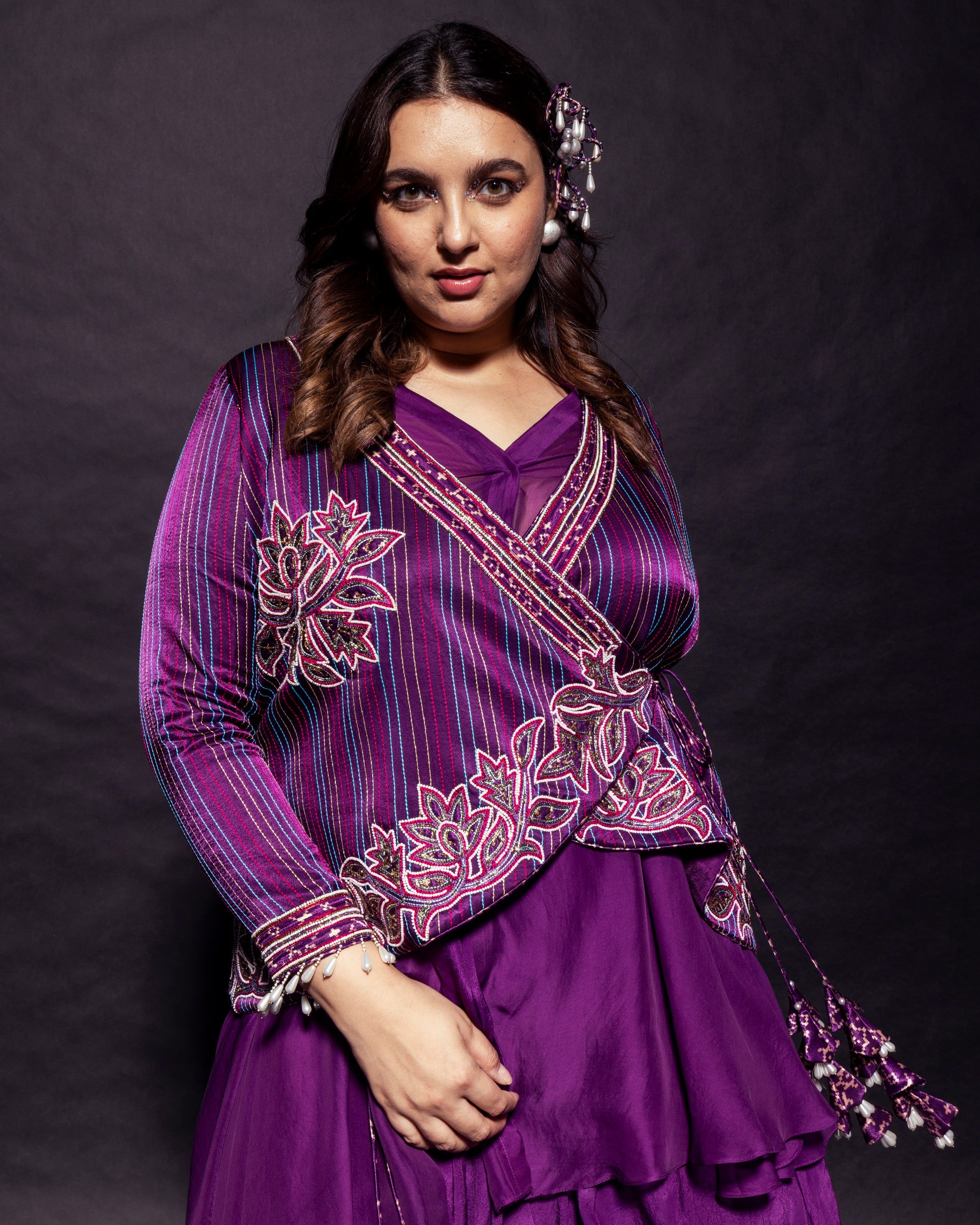 Dark Purple embroidered  angarkha  jacket with drape dhoti skirt