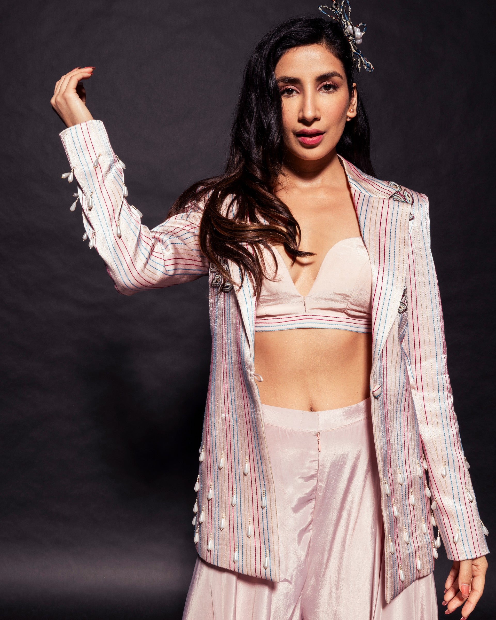 Peachy Pink Bralette and flare pants with embellished ajrakh patchworked jacket