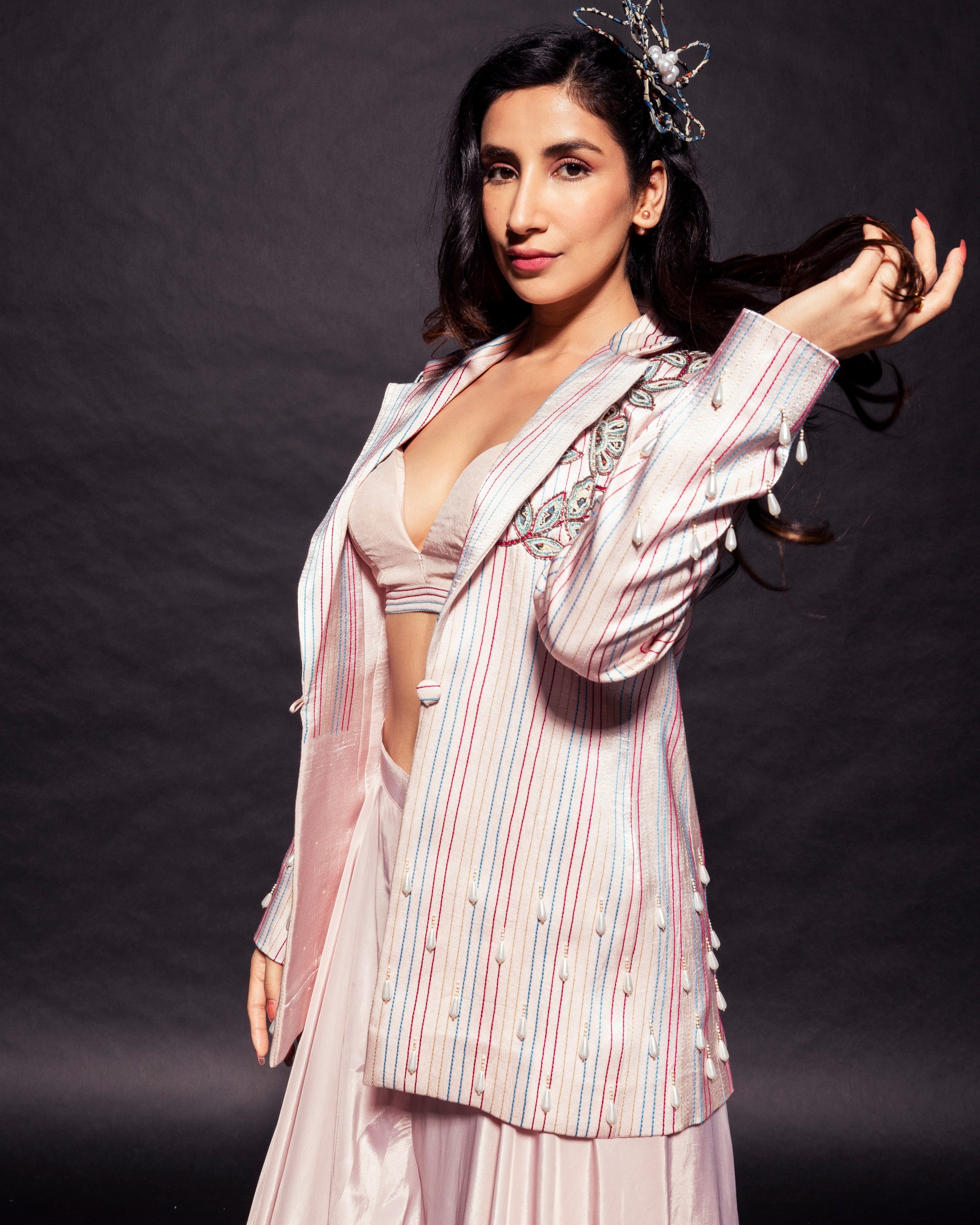 Peachy Pink Bralette and flare pants with embellished ajrakh patchworked jacket