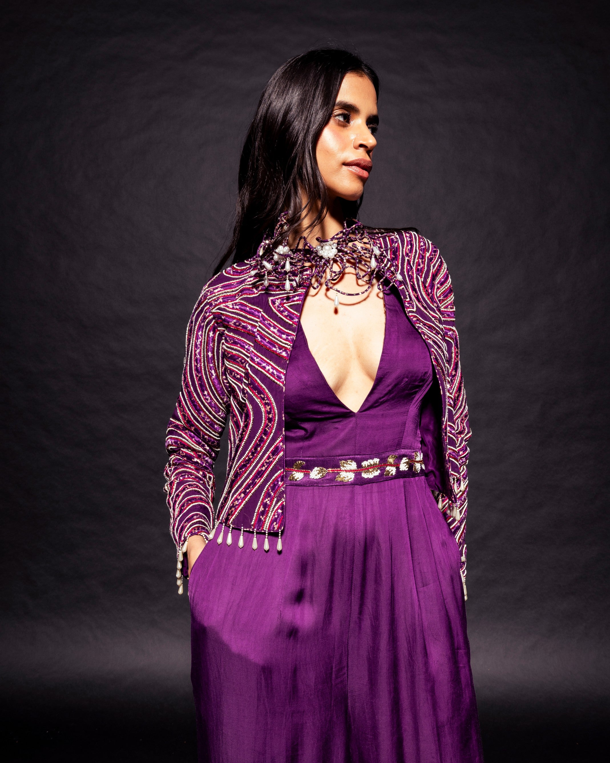 Dark purple deep V neck jumpsuit with Ajrakh ebellsihed jacket