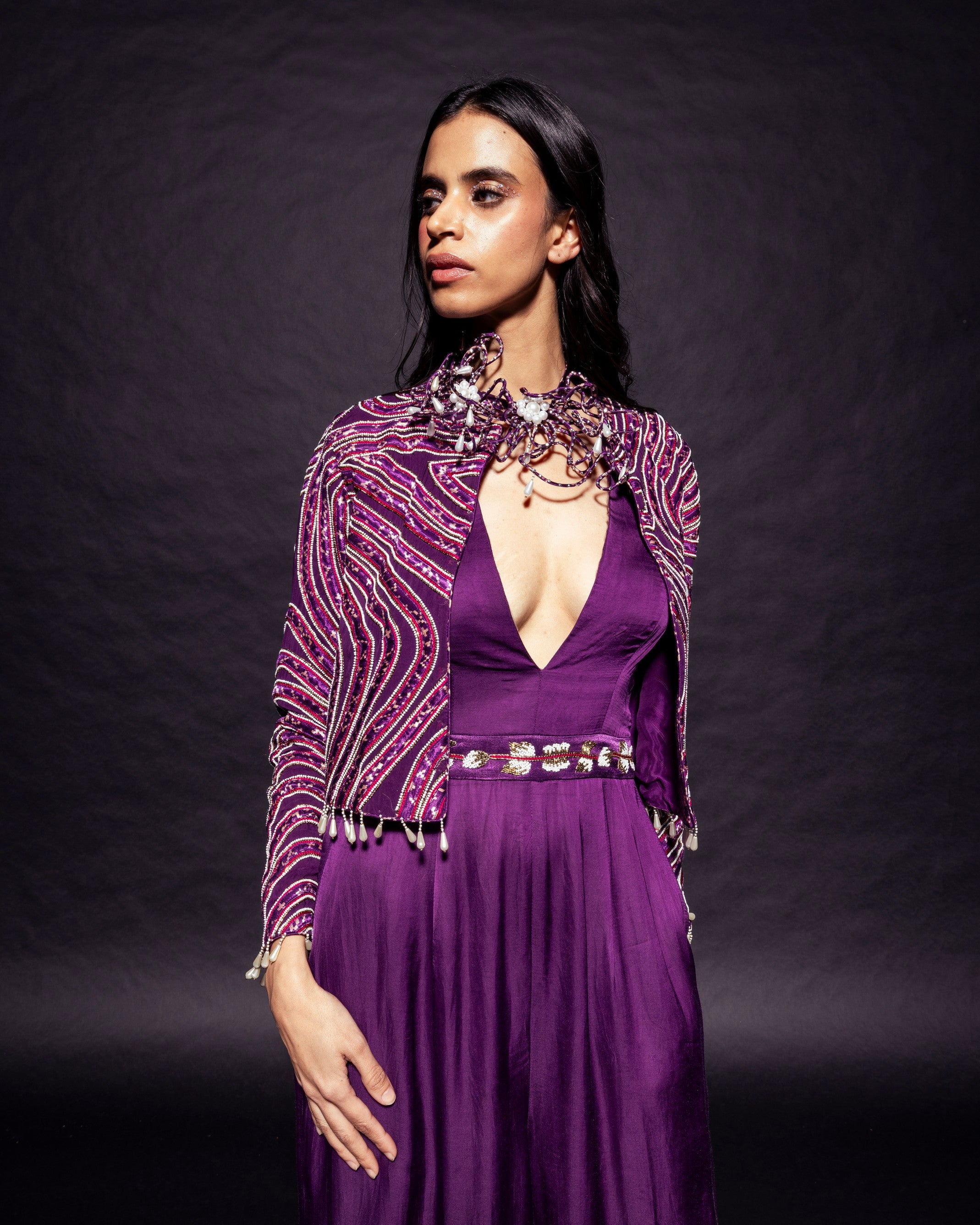 Dark purple deep V neck jumpsuit with Ajrakh ebellsihed jacket
