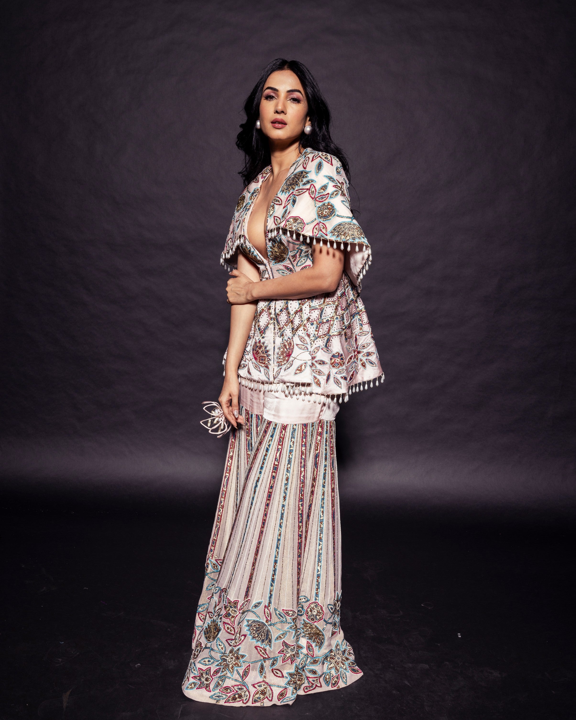 Peachy pink fully handcrafted capelet peplum jacket with Embellished sharara