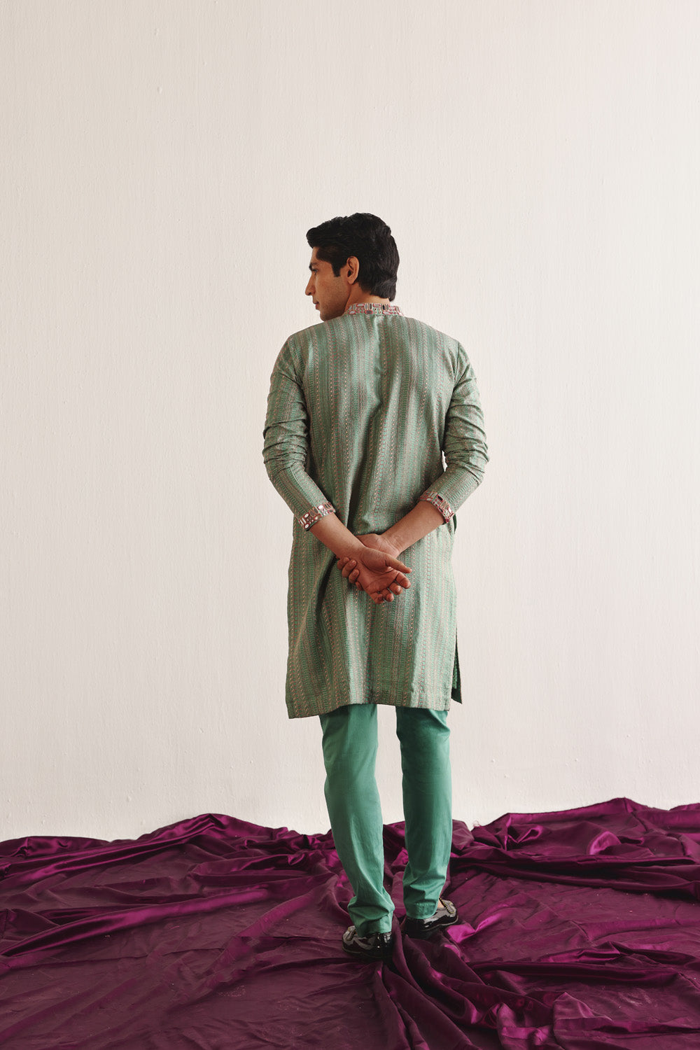SEA GREEN KANTHA WORK KURTA WITH MIRRORWORK