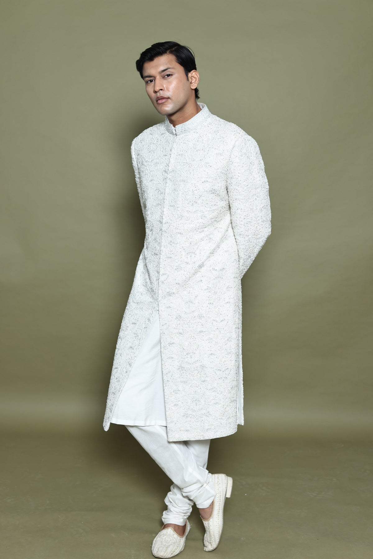IVORY ROW SILK SHERANI WITH KURTA & CHURIDAR