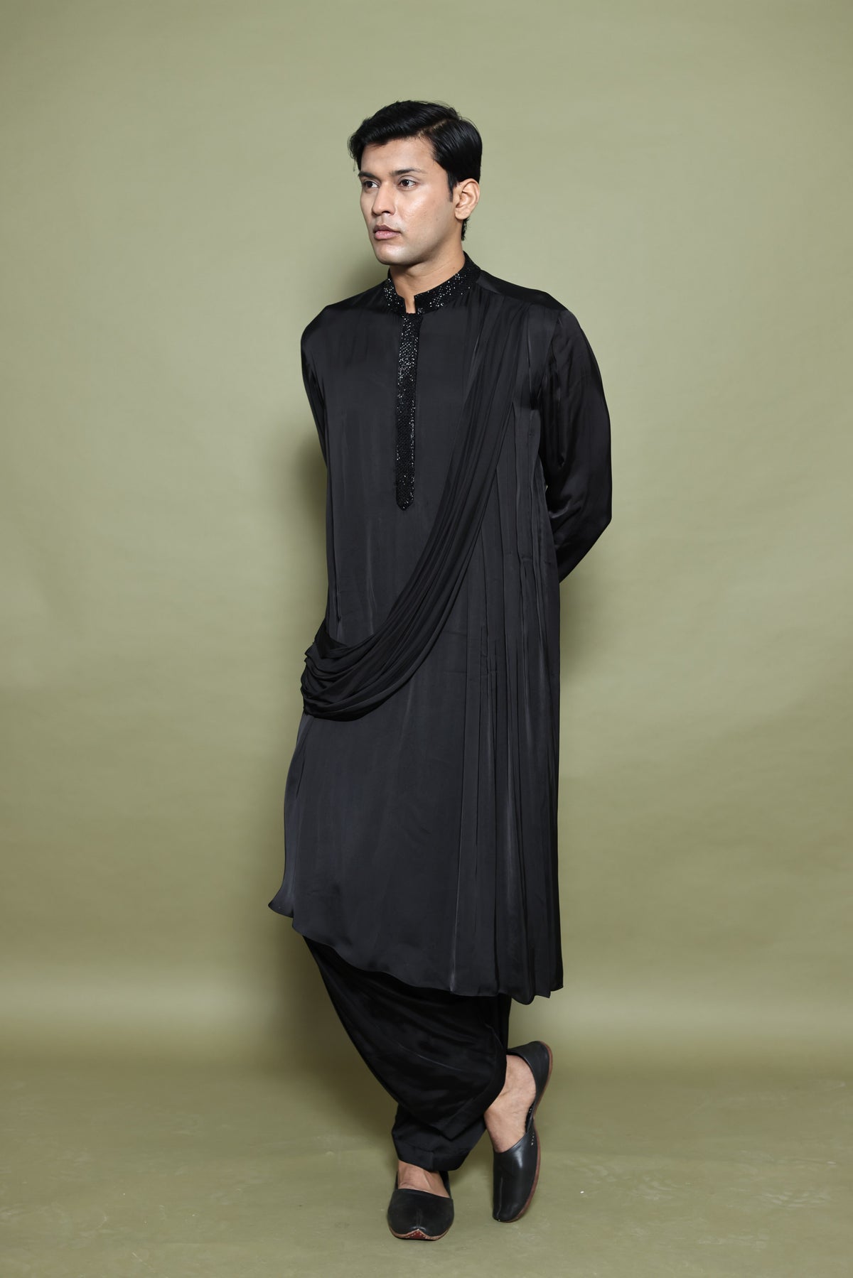 BLACK DRAPED KURTA WITH SALWAR
