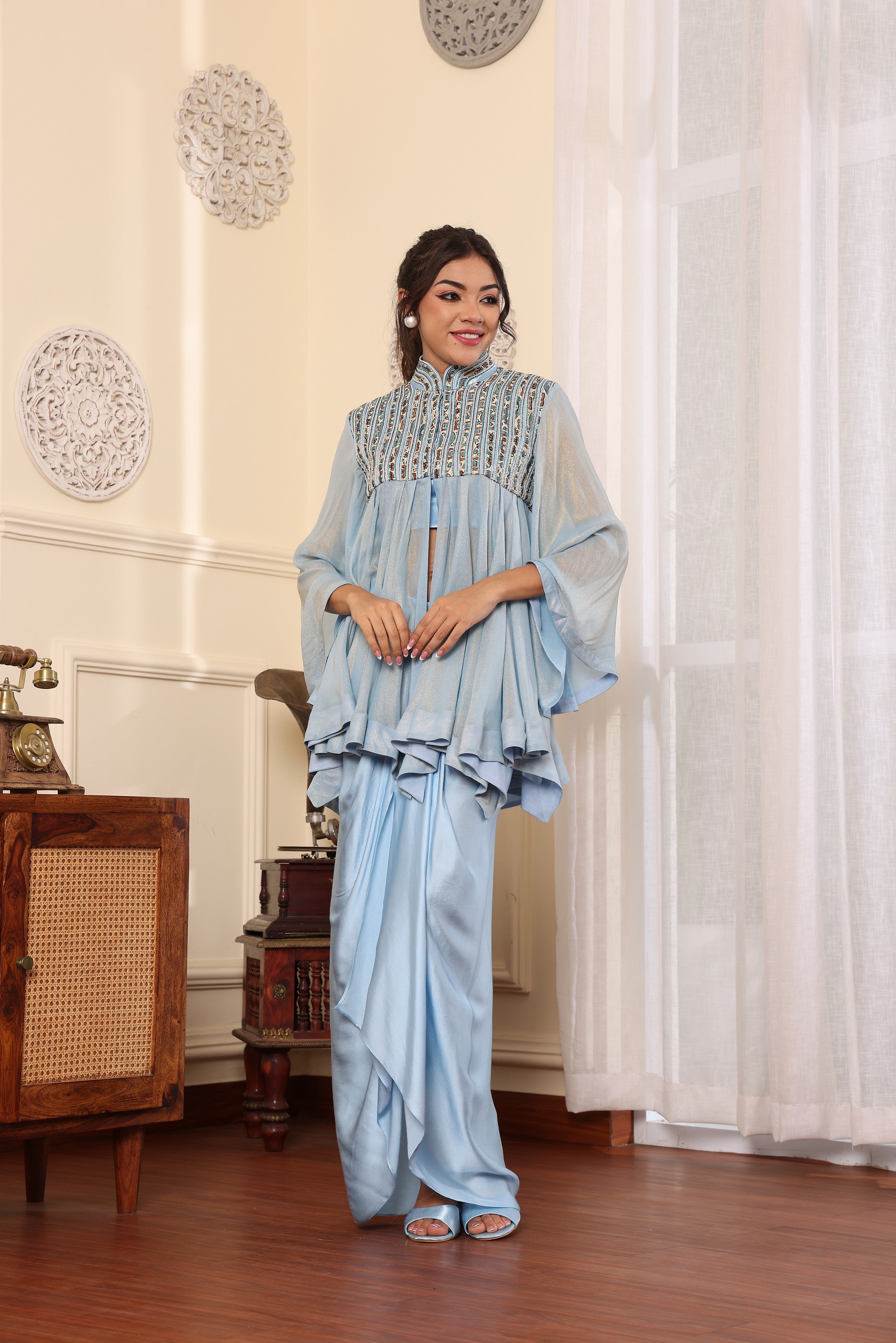 Powder Blue ajrakh embellished yoke top and Drape dhoti set