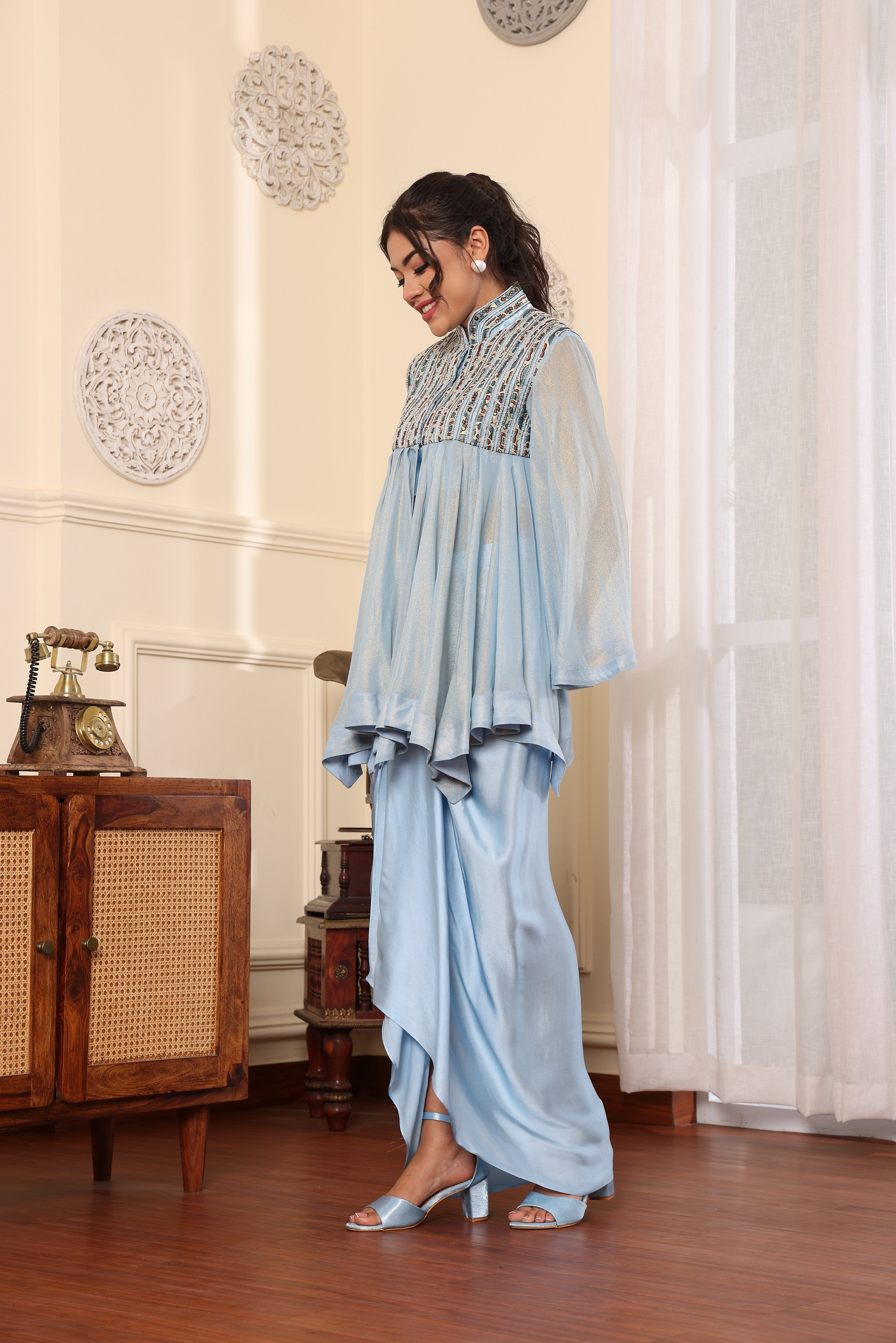 Powder Blue ajrakh embellished yoke top and Drape dhoti set