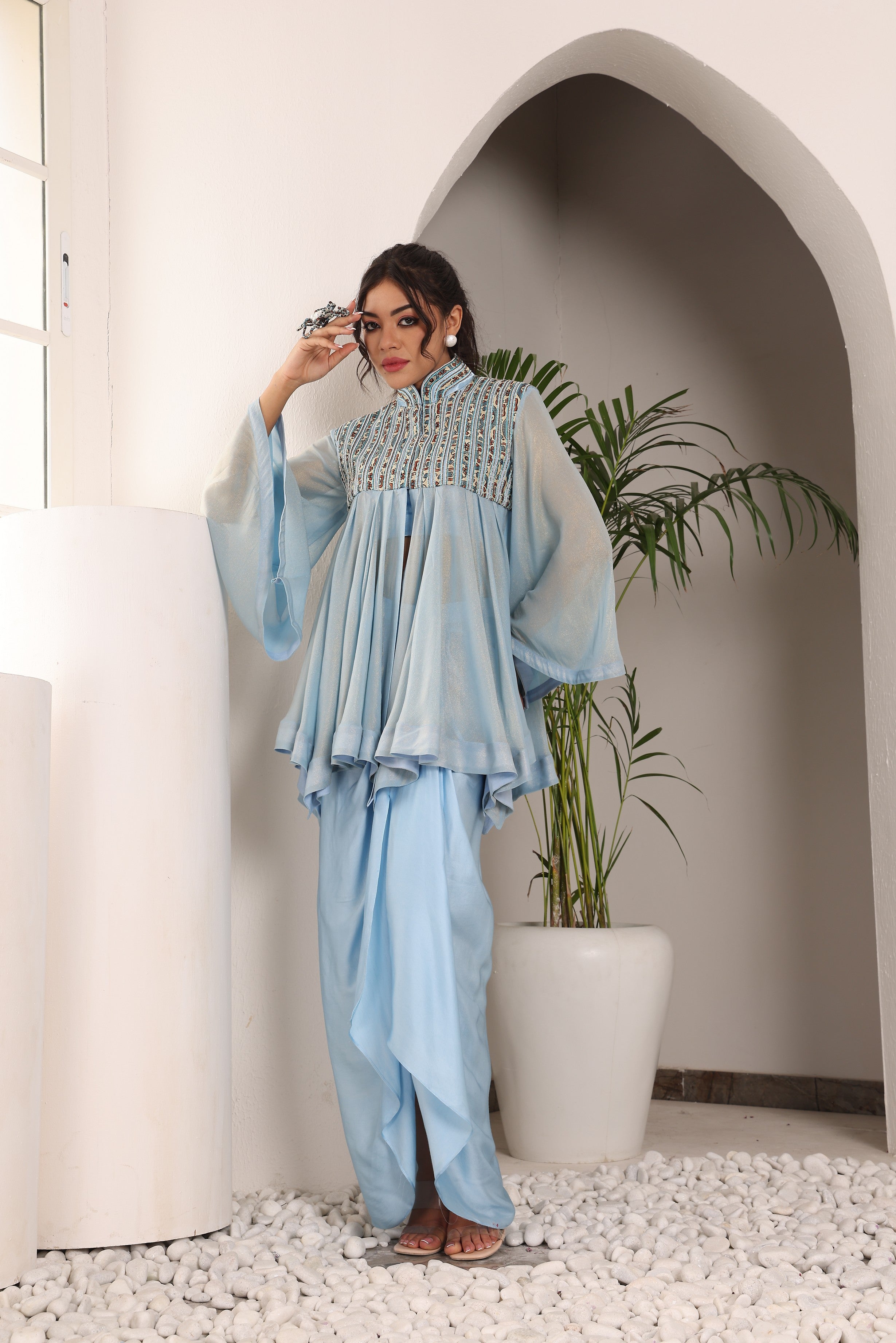 Powder Blue ajrakh embellished yoke top and Drape dhoti set