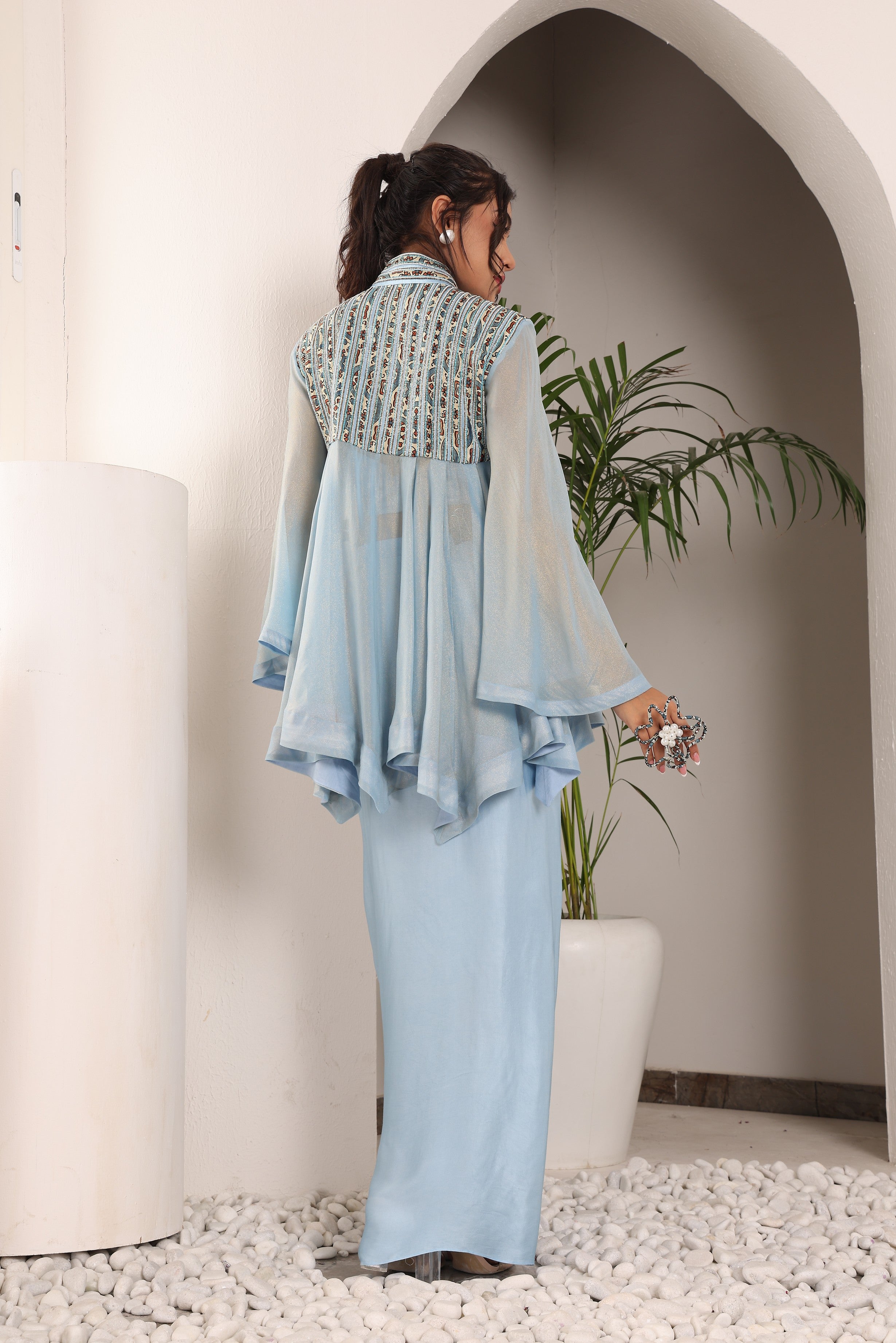 Powder Blue ajrakh embellished yoke top and Drape dhoti set