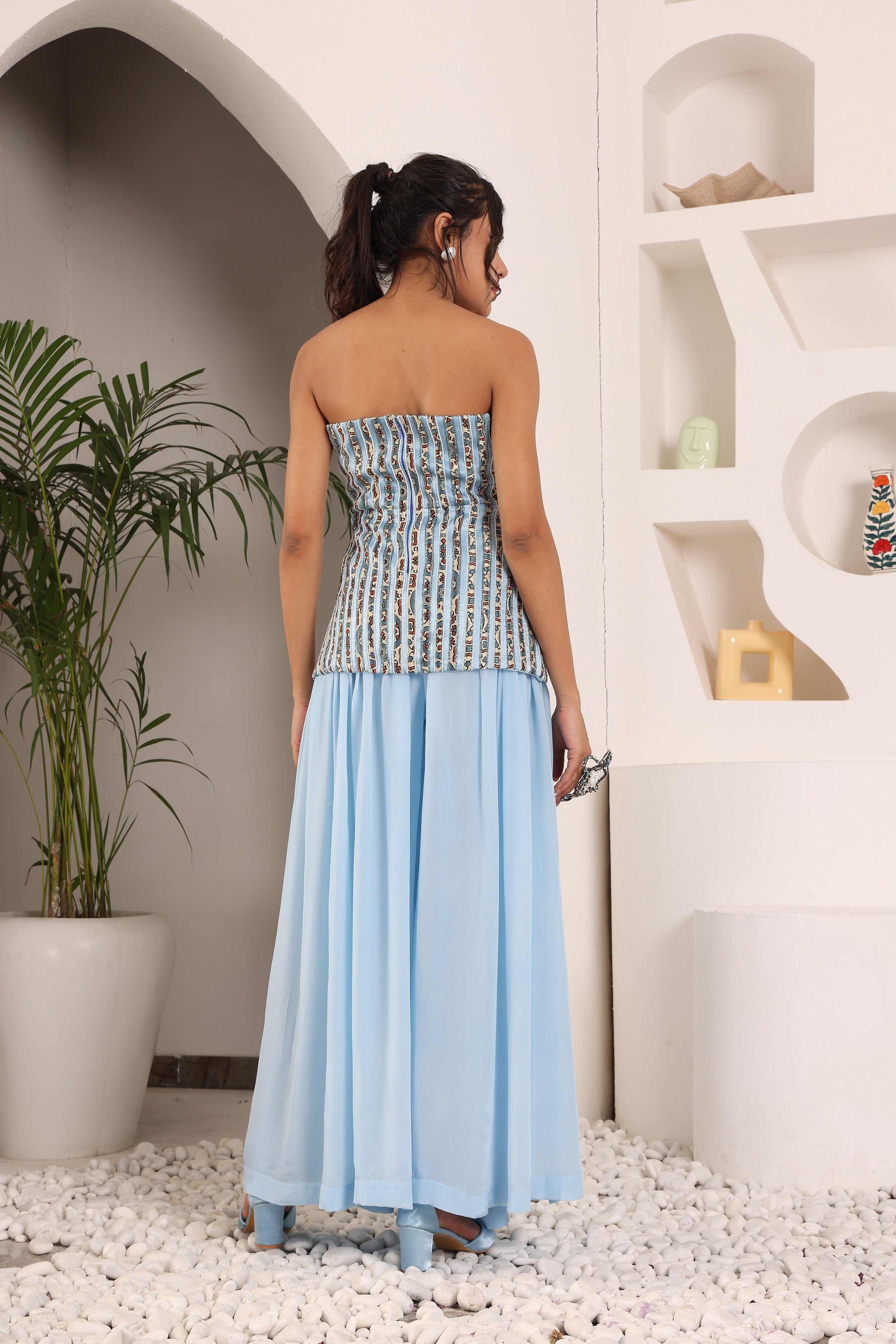 Powder Blue ajrakh embroidered off shoulder top with pleated pants