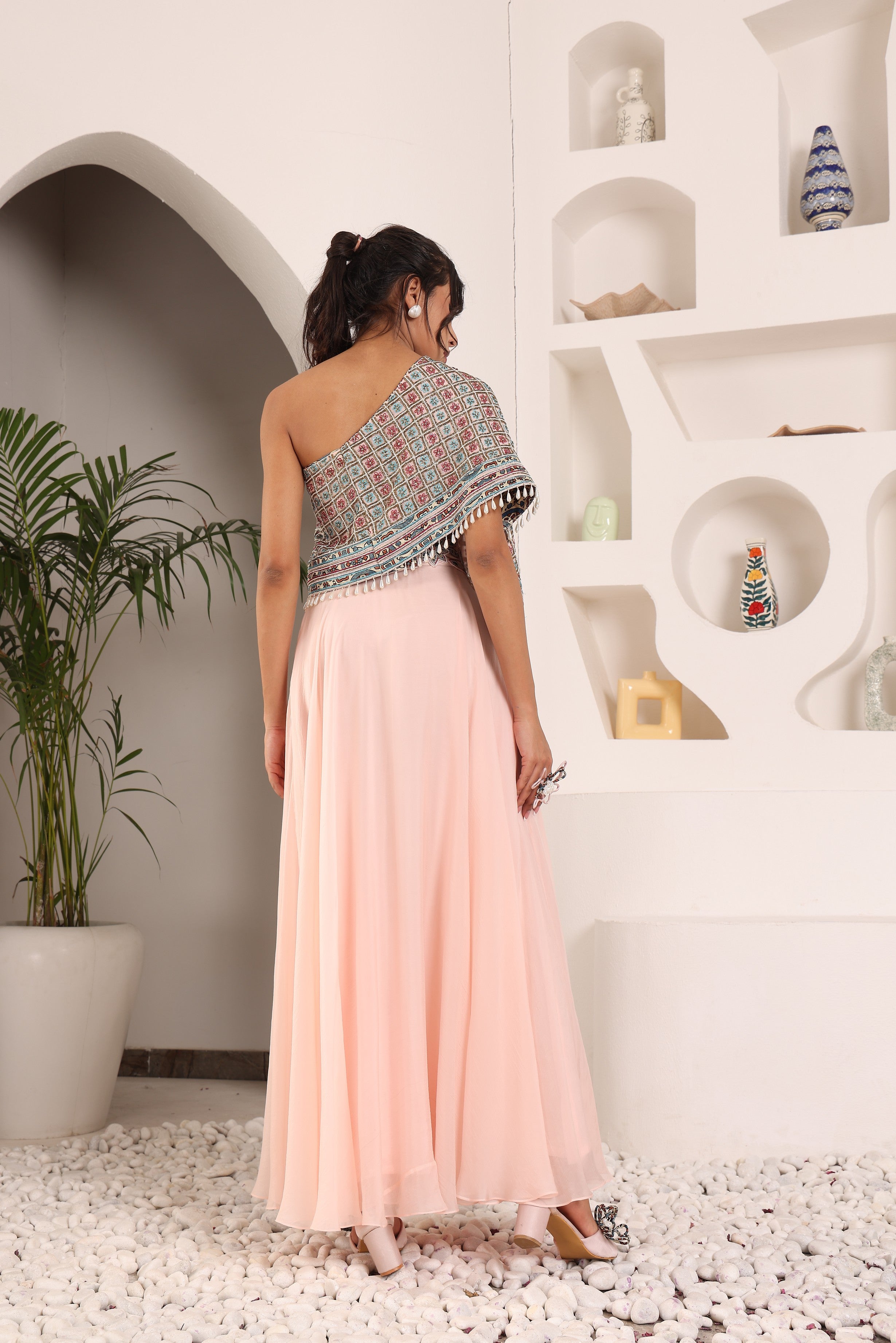 Peachy pink Ajrakh embroidered one shoulder top with skirt and  ajrakh belt