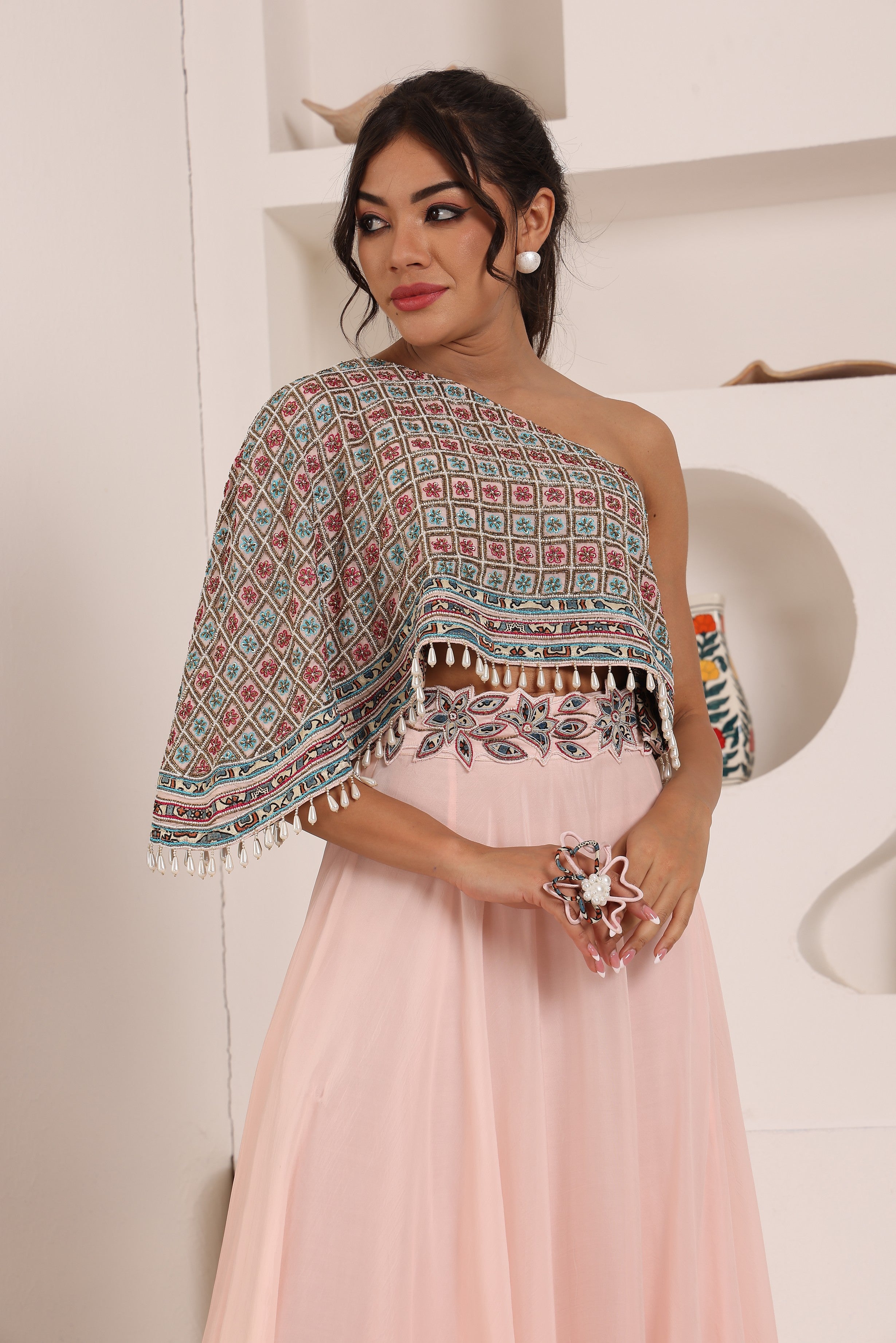 Peachy pink Ajrakh embroidered one shoulder top with skirt and  ajrakh belt