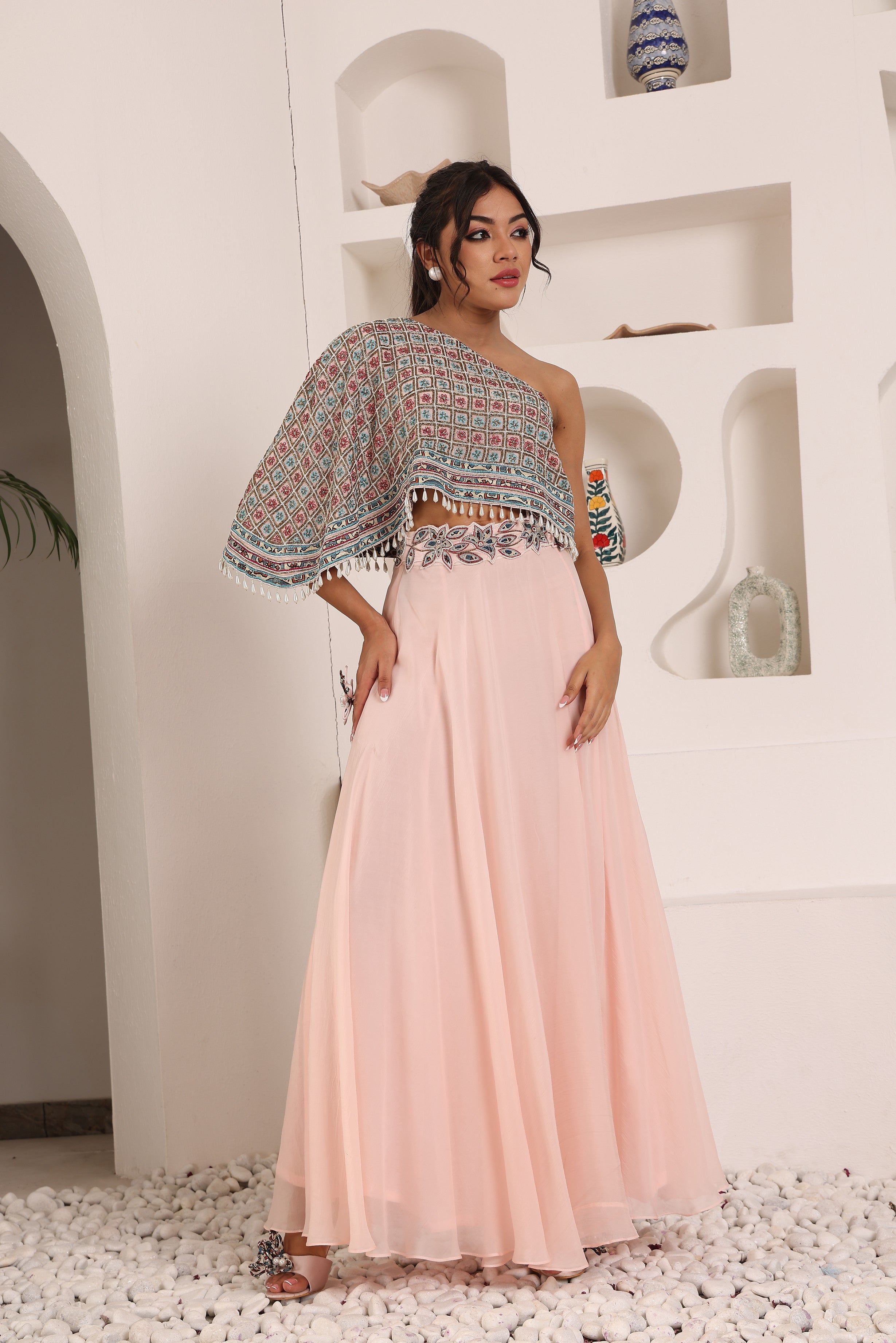 Peachy pink Ajrakh embroidered one shoulder top with skirt and  ajrakh belt