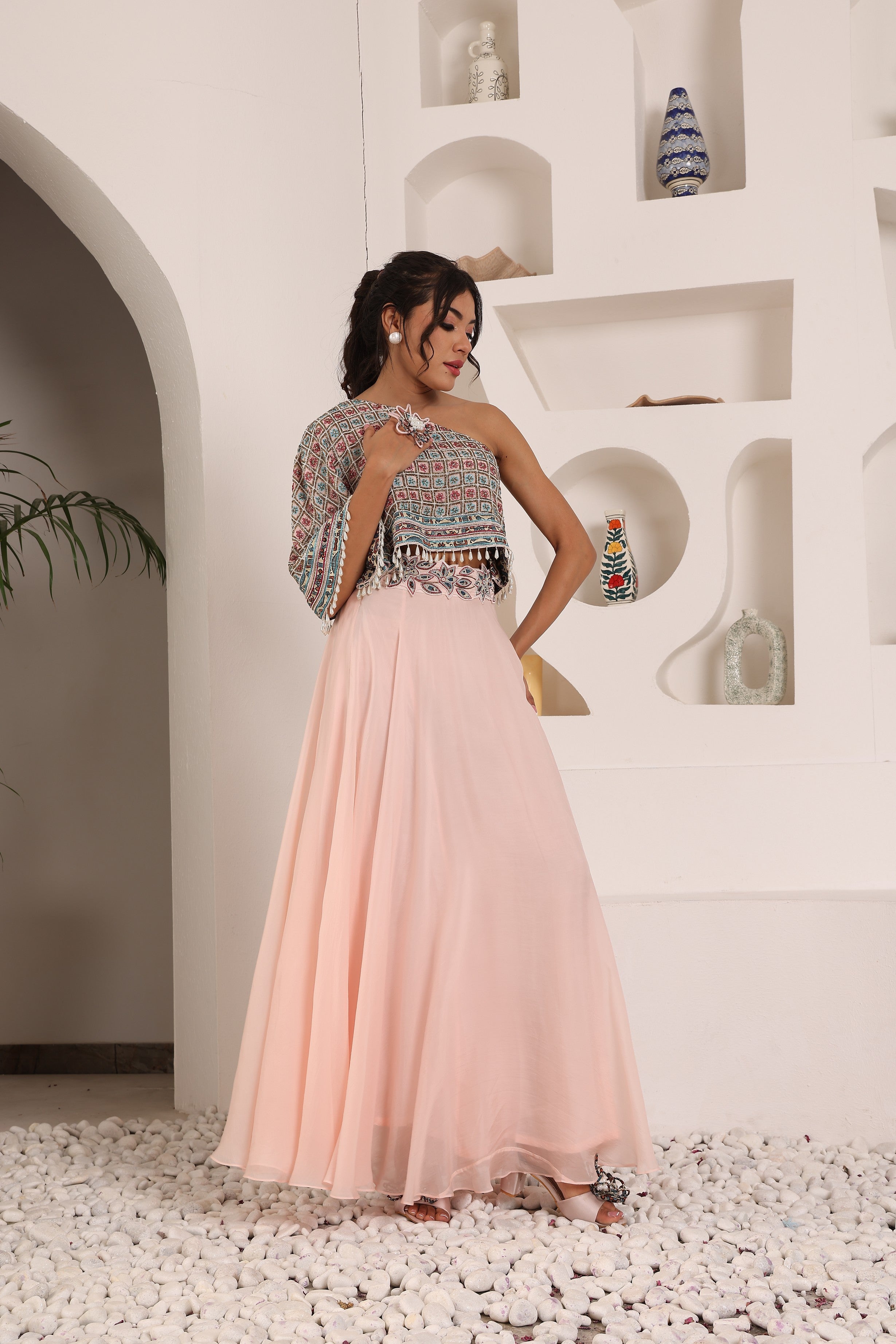 Peachy pink Ajrakh embroidered one shoulder top with skirt and  ajrakh belt