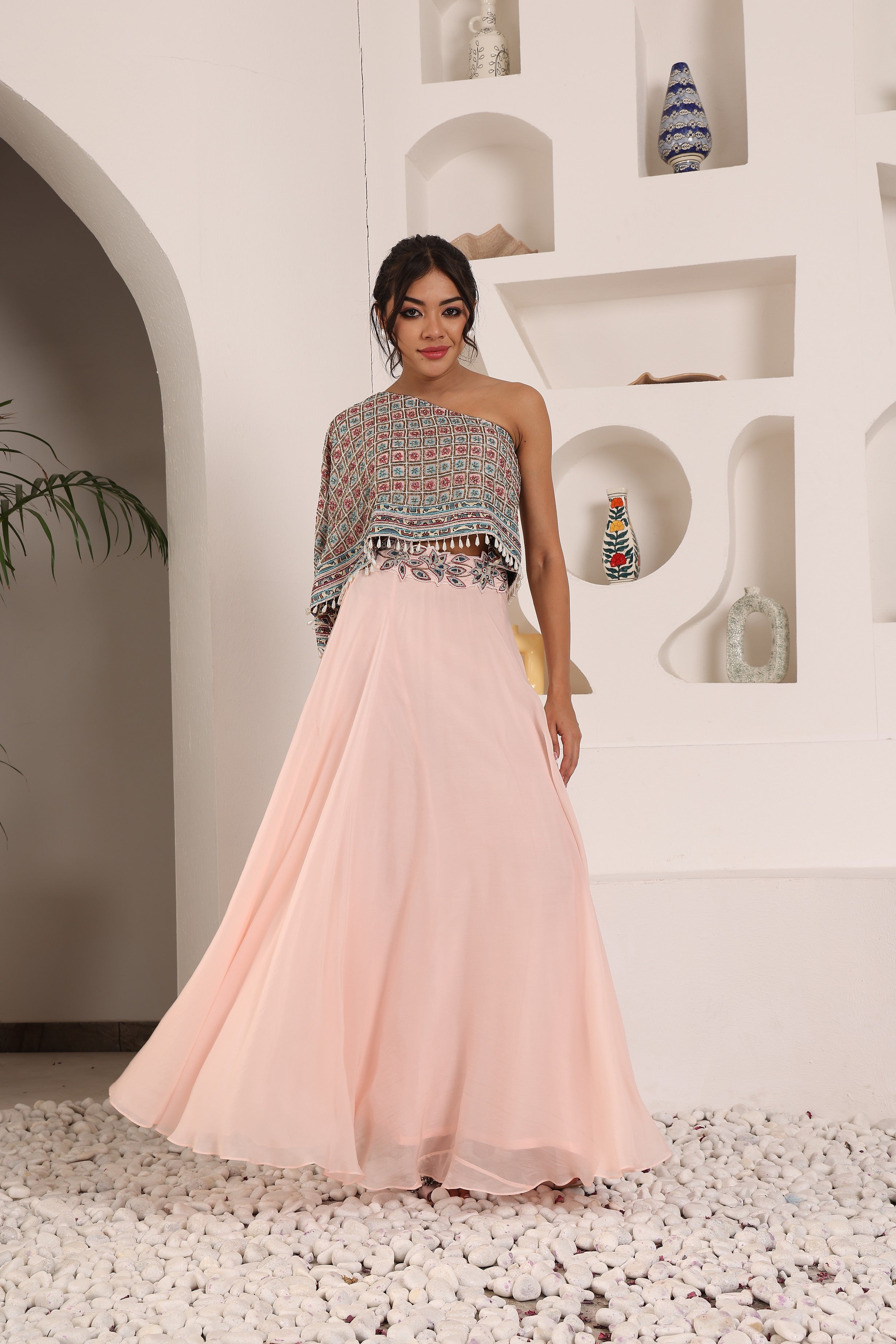 Peachy pink Ajrakh embroidered one shoulder top with skirt and  ajrakh belt