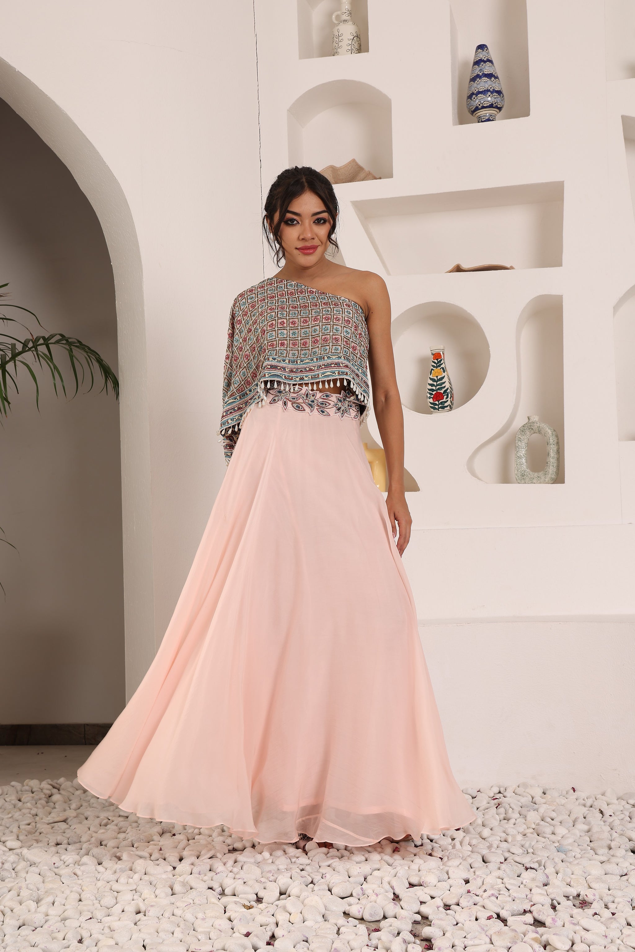 Peachy Pink Ajrakh Stripwork Jacket Paired Up With Peachy Pink Bralette And Drape Dhoti Skirt main image 1