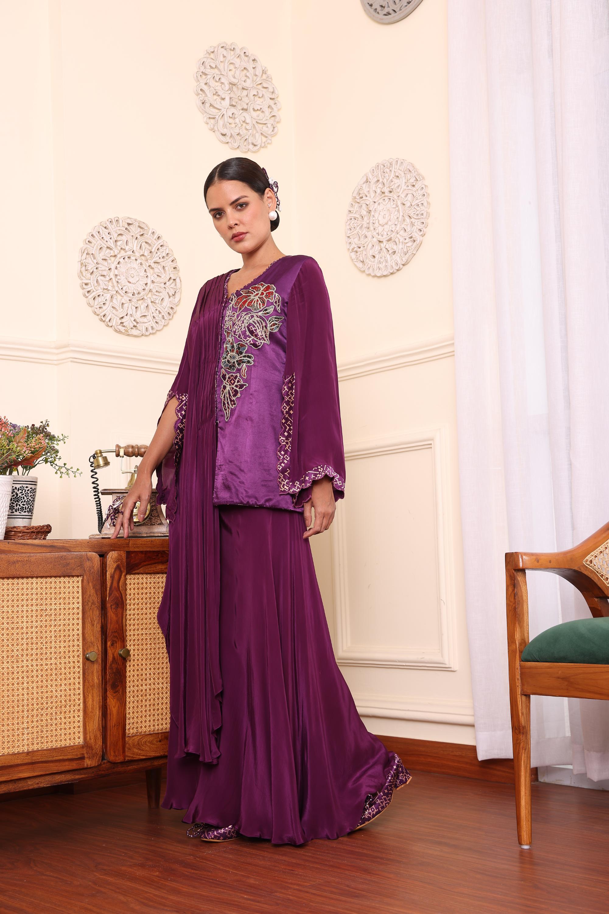 Purple Patchwork One Flap Jacket With Flair Pants